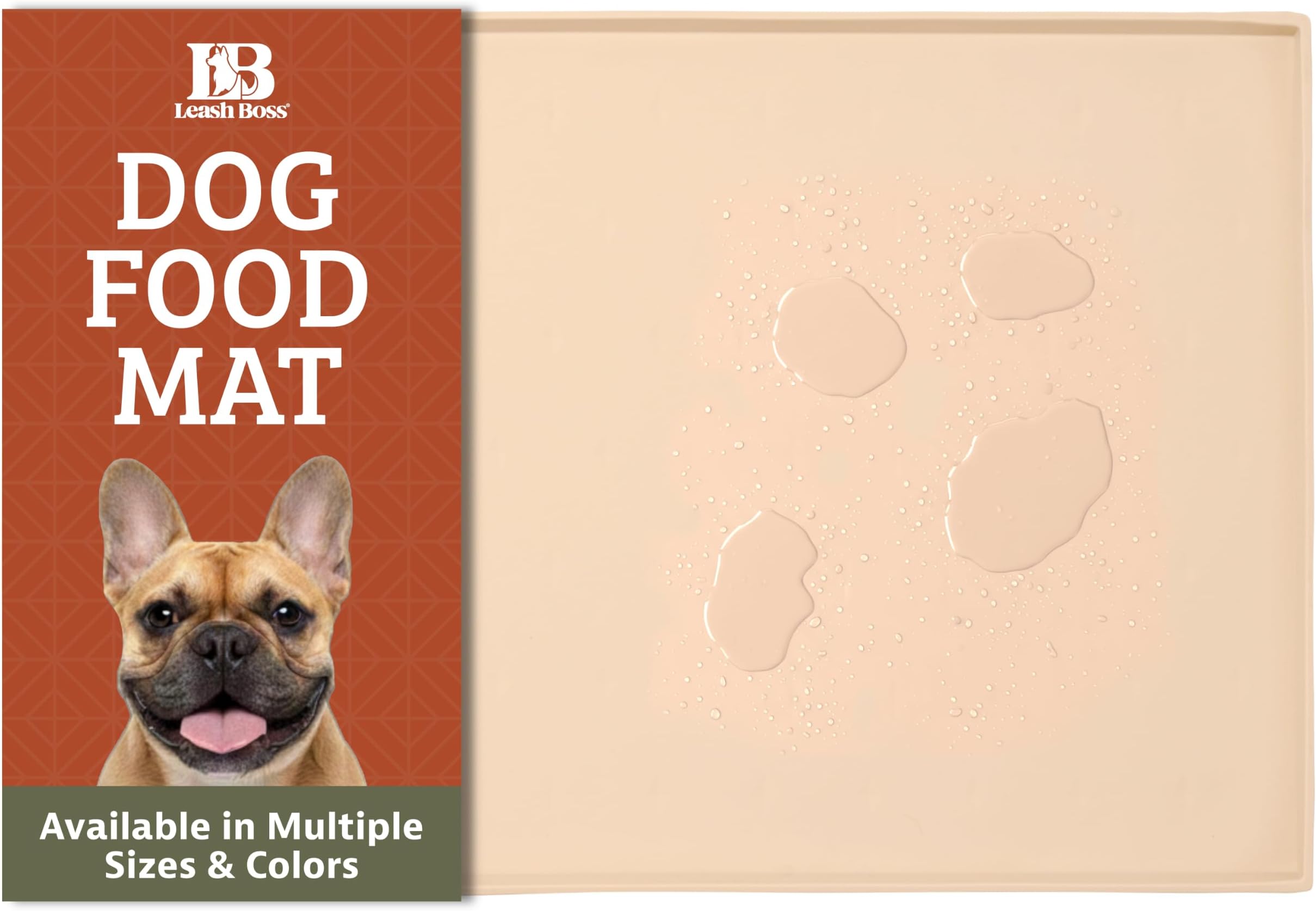 Leash Boss Dog Food Mat - 2-Pack, Waterproof Cat & Dog Bowl Mat for Food and Water, Silicone Pet Feeding Mats for Floors, Non-Slip Placemat with High Edges, Puppy Essentials (Small: 18"x11", Beige)