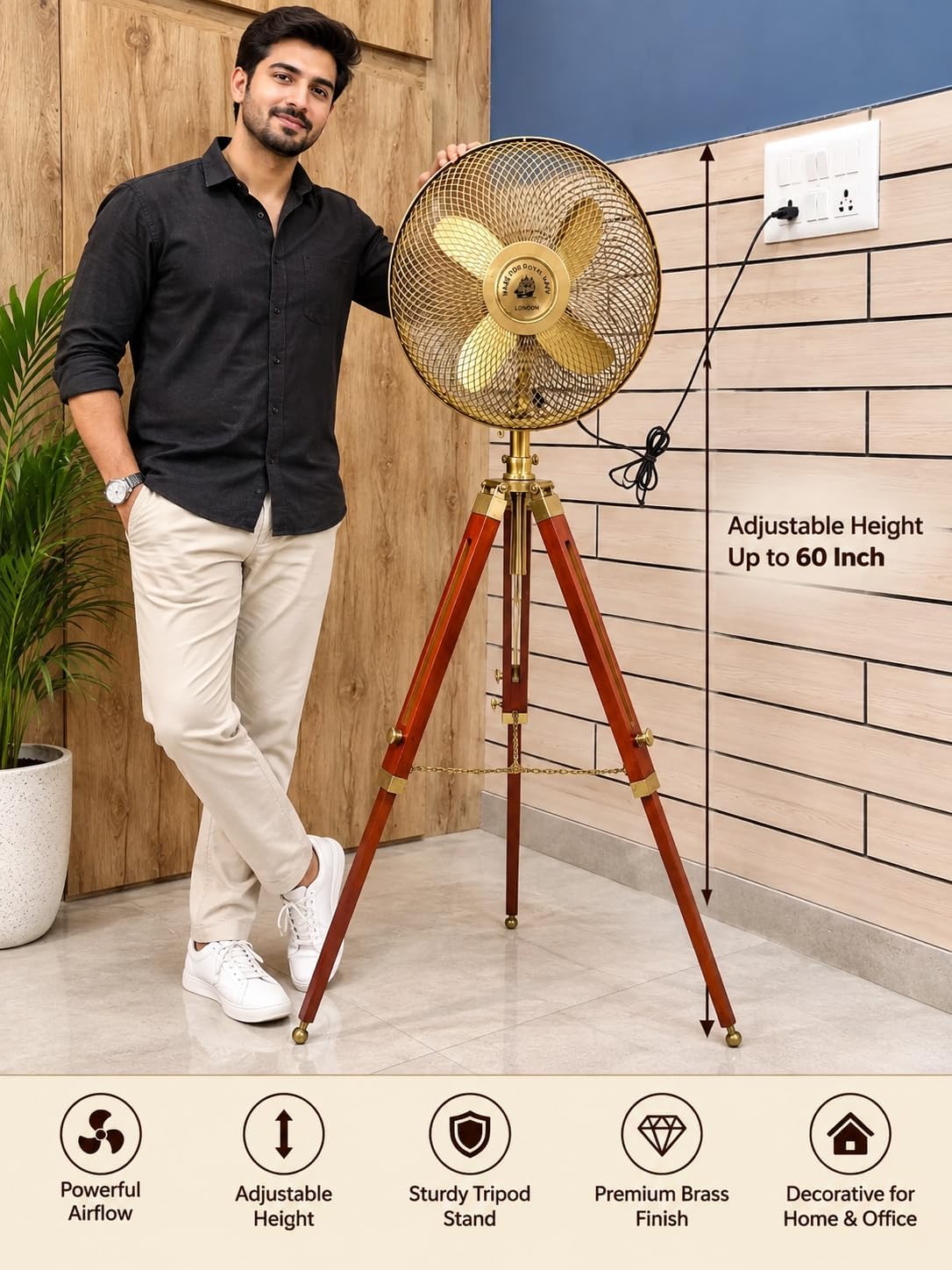 Handmade Brass Floor Fan, 60 Inch Retro Industrial Tripod Standing Fan, Full Cage Metal Fan, Adjustable Height, Vintage Decorative Fan for Living Room, Bedroom, Office, Cafe & Restaurant