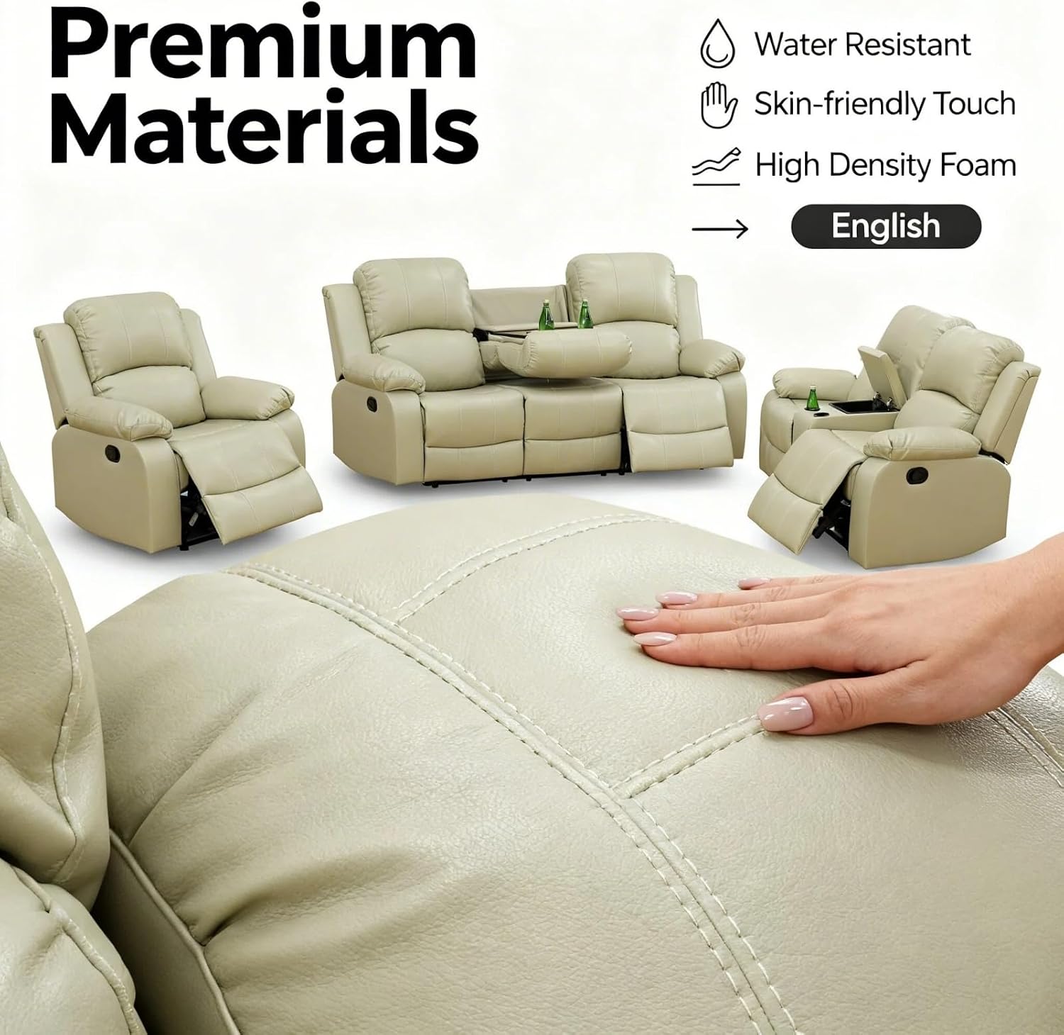 Recliner Sofa Set, Leather Living Room Reclining Couch with Storage Console, Cup Holders and Convertible Coffee Table, Adjustable Backrest Recliner Couch for Home Theater, Apartment, Beige
