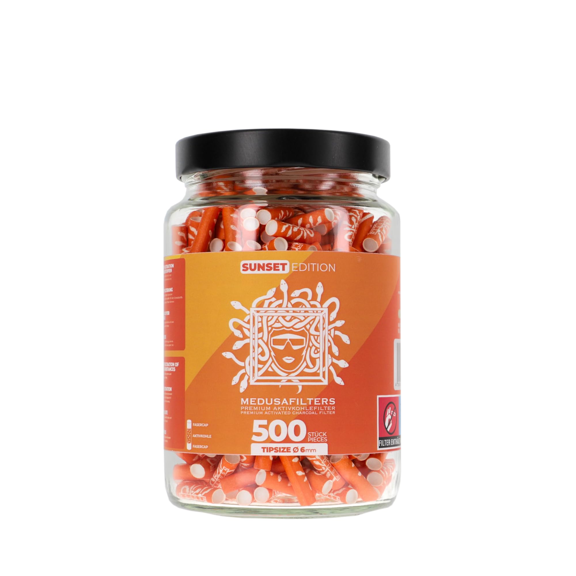Medusafilters 500 Filtros de Carbón Premium Slim en vaso Ø 6mm | Tip Size | SUNSET Edition | con tapones de fibra vegana y carbón activo de cáscara de coco