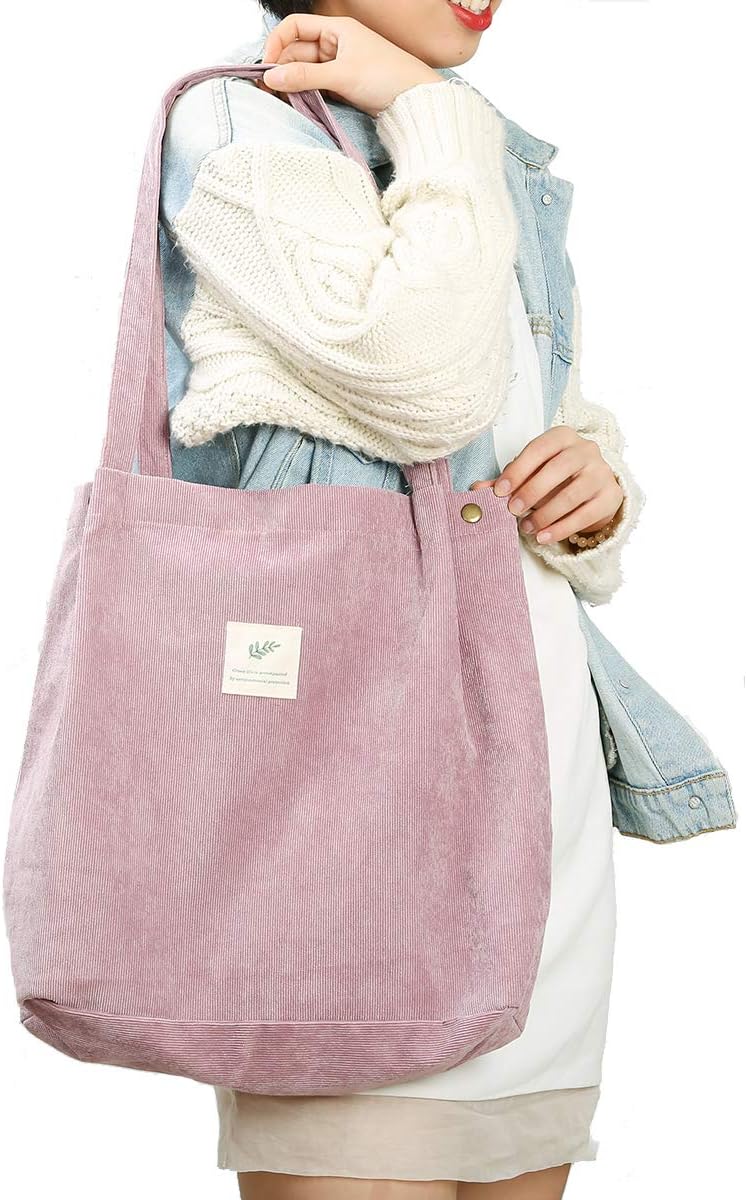 JISEN Corduroy Tote Bag for Women Girls Large Reusable Carry Shoulder Bag with Inner Pocket A-Pink