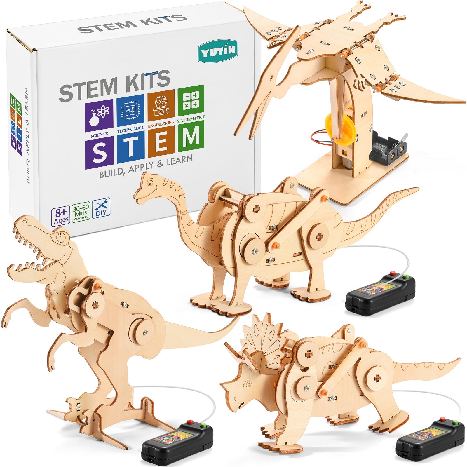 Dinosaur STEM Kits for Kids Ages 6-8-10-12, 4 in 1 Wood Building Toys for Boys Age 8-12, Build It Yourself Woodworking Kit, DIY 3D Wooden Puzzles Model Science Crafts for Kids, Stem Projects