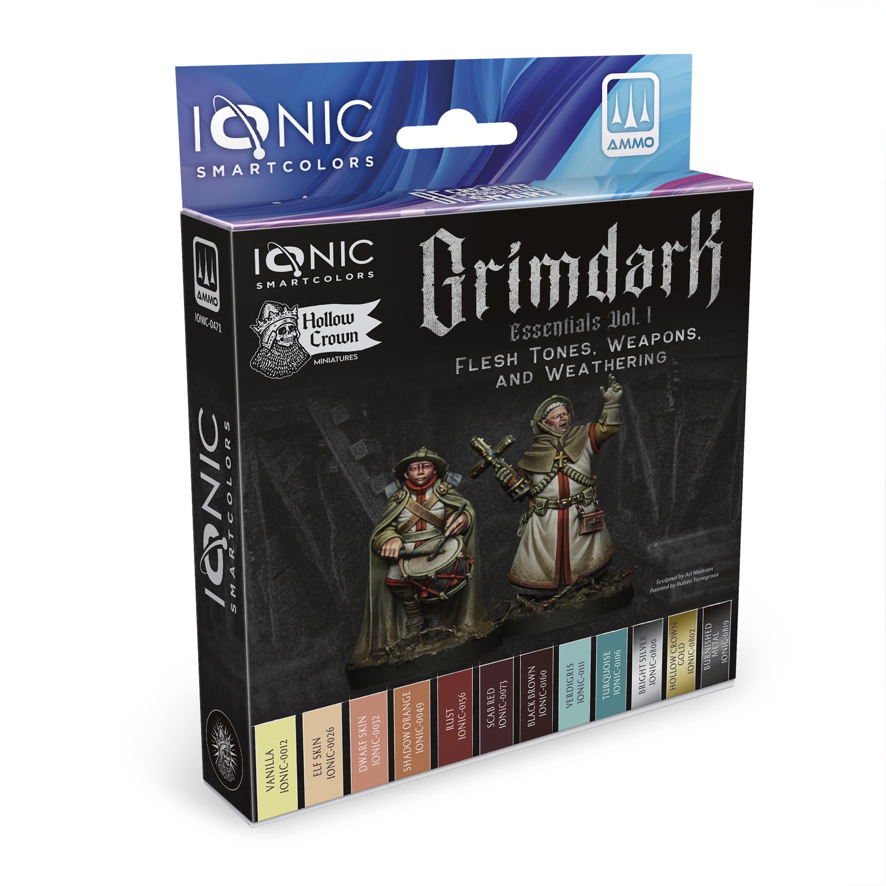 Grimdark Essentials Vol. 1 - Haut-, Waffen- und Alttöne - 12 Acrylfarben für Wargames - IONIC-0471