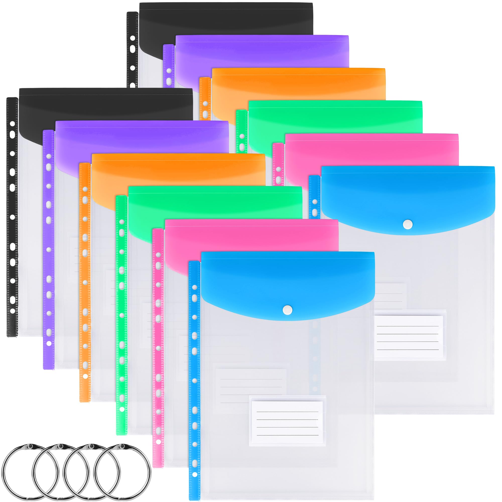 Vertical Punched Pockets A4 Plastic Wallets 24 Pack A4 Folders Wallets Plastic Document Files Popper Wallet with Pocket, Tab Card and 3-Ring Binders for School, Office, Home and Travel (6 Neon Colors)