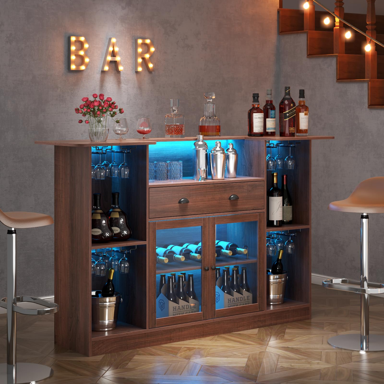 Home Bar Loomie Bar Table Cabinet With LED Drawer, Mini Liquor