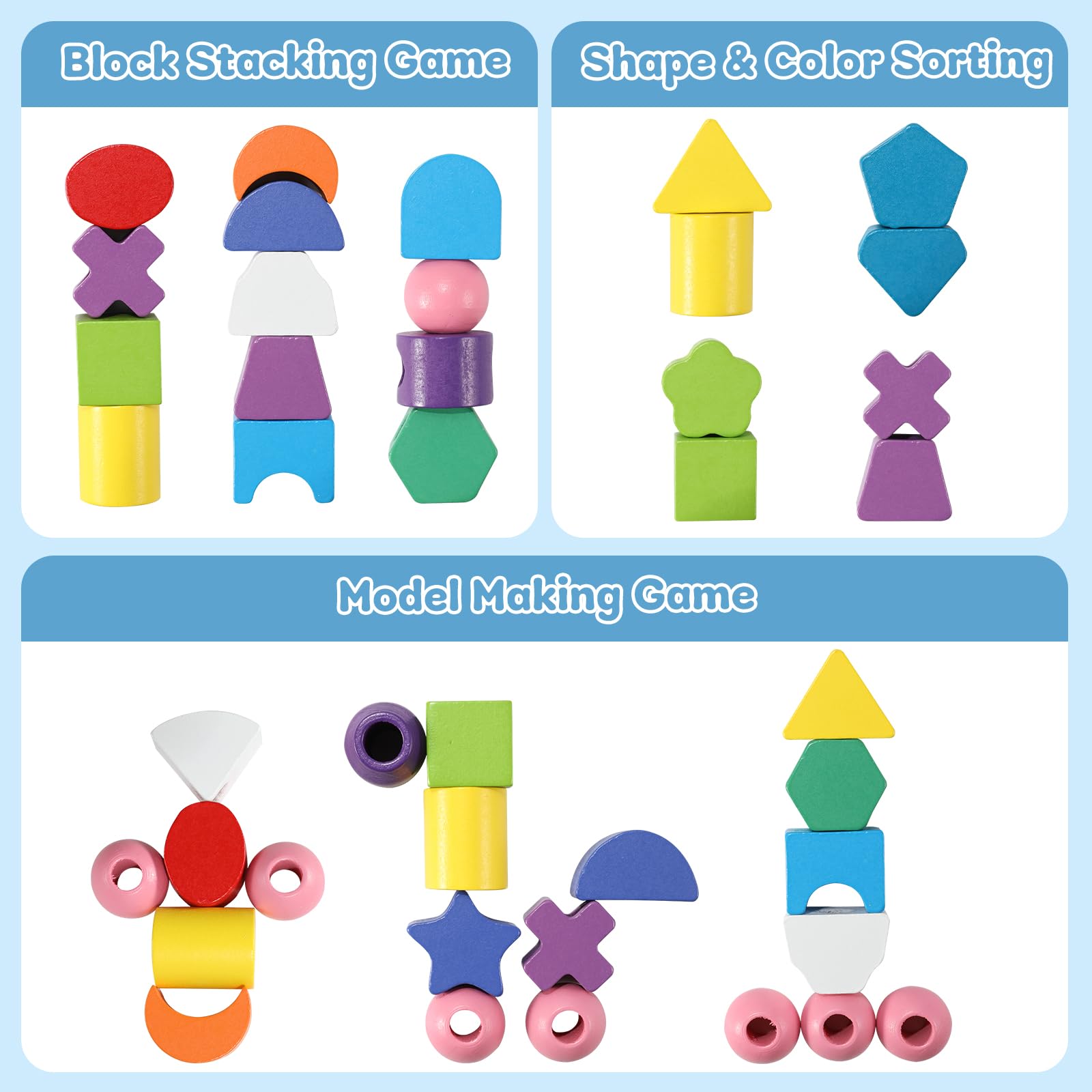 Juego de juguetes de secuenciación de cuentas de madera Montessori 3 en 1, clasificación de colores, apilamiento, formas geométricas, juego de cuentas de secuenciación, juguete de secuenciación 4