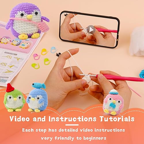 Miniatura 4 de IMZAY Paquete de 4 kits de ganchillo para principiantes, kit de animales para principiantes, lindo principiante con video tutorial, 2 ganchos, hilos