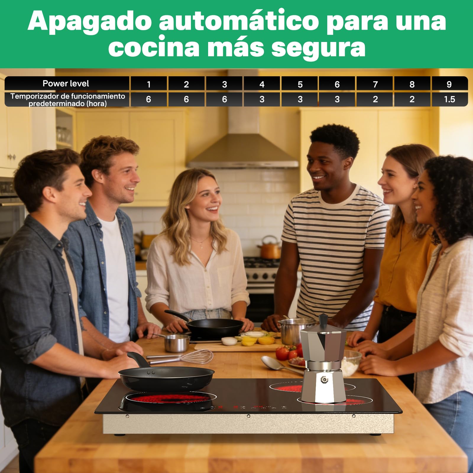 Placa Vitrocerámica 4 Zonas 60 cm, 6000W, Control Táctil, Calentamiento Individual, Placa Eléctrica Empotrable — view 4