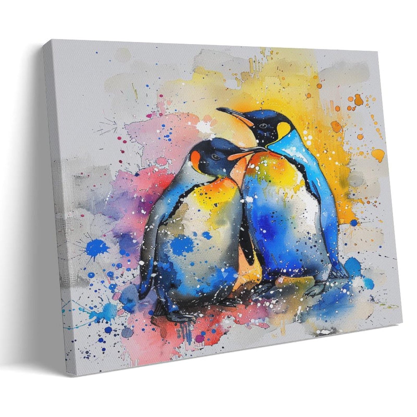 Fyfmushe Watercolor Penguin Canvas Wall Art Paintings Colorful Nature Modern Animals Pictures On Canvas Prints Framed Ready To Hang Artwork For Bedroom Home Decor 12X18inch(30X45cm)