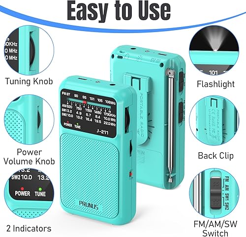 Vista 29 de PRUNUS J-211 Radio portátil AM FM con carga USB C y batería AA, radio transistor, recepción fuerte y altavoz claro, conector para auriculares, clip