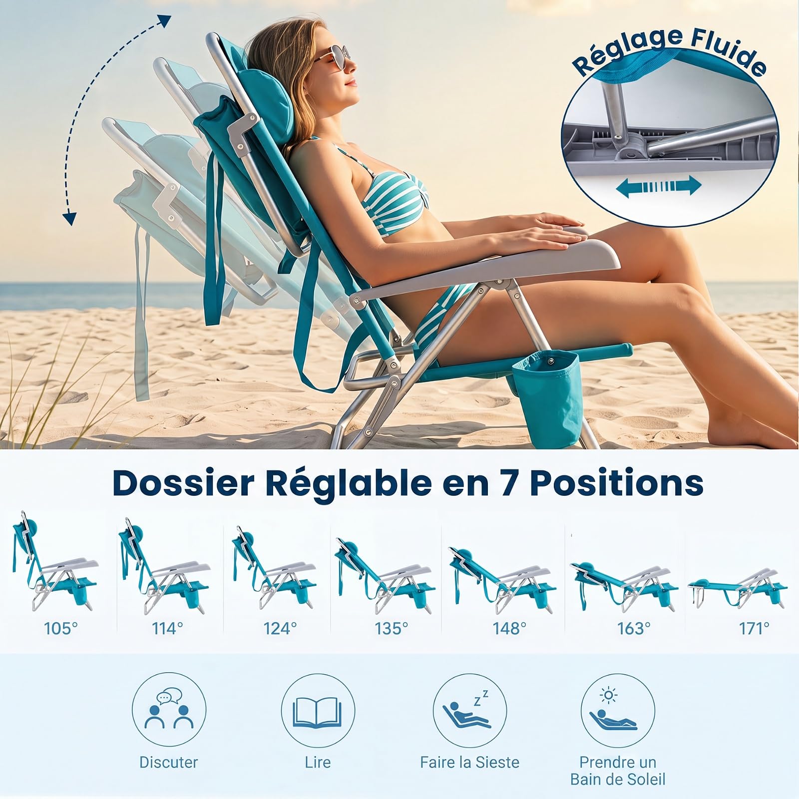COSTWAY Lot de 2 Chaises de Plage Pliable, Dossier Réglable 7 Positions | Sac Isotherme Amovible, Chaise Longue en Aluminium, Porte-Serviette, Porte-Gobelets, Charge 150 kg, pour Camping Pêche Voyage
