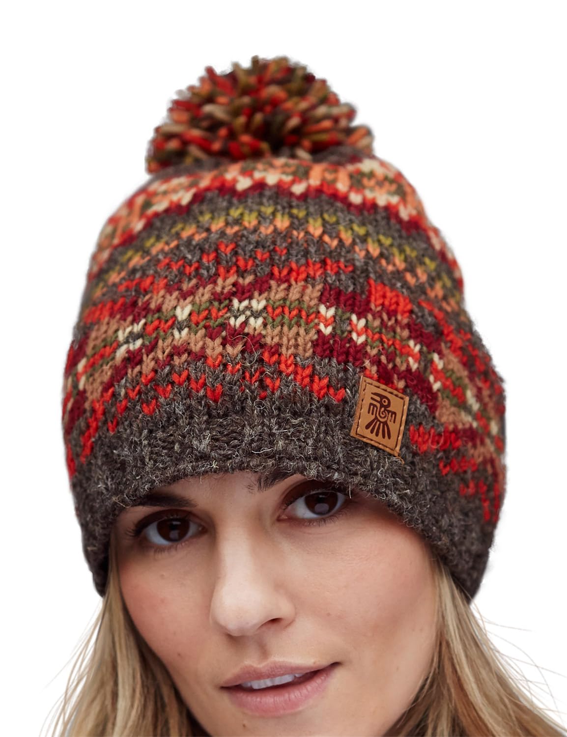 Pachamama Women Wool Beanie Bobble Hat Fleece Lined Handknitted Brown Fairisle Multicoloured One-Size Handmade Extra Warm Fair Trade