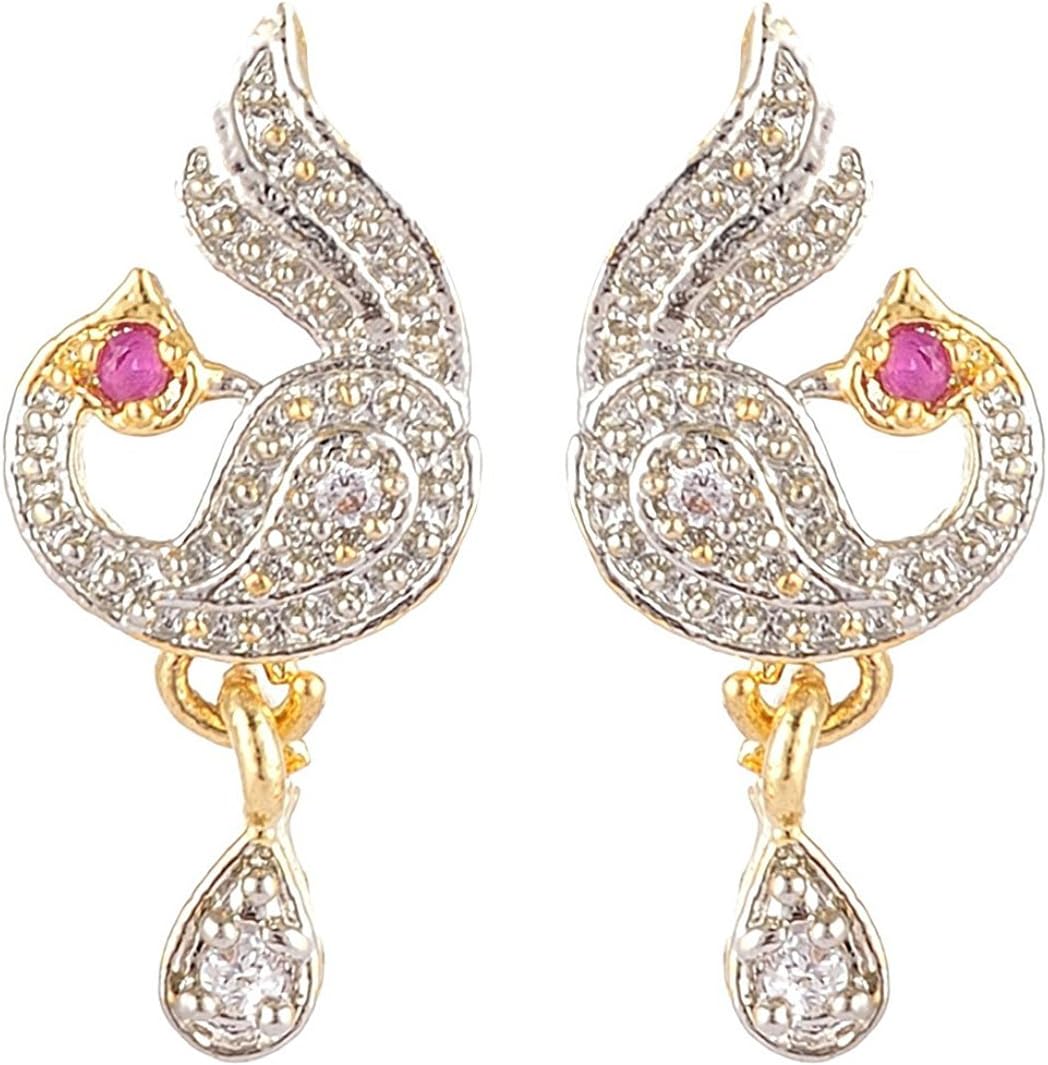 Silver and Golden American Diamond Dangle & Drop Peacock Stud Earrings for Women & Girls (SKN-1315A)