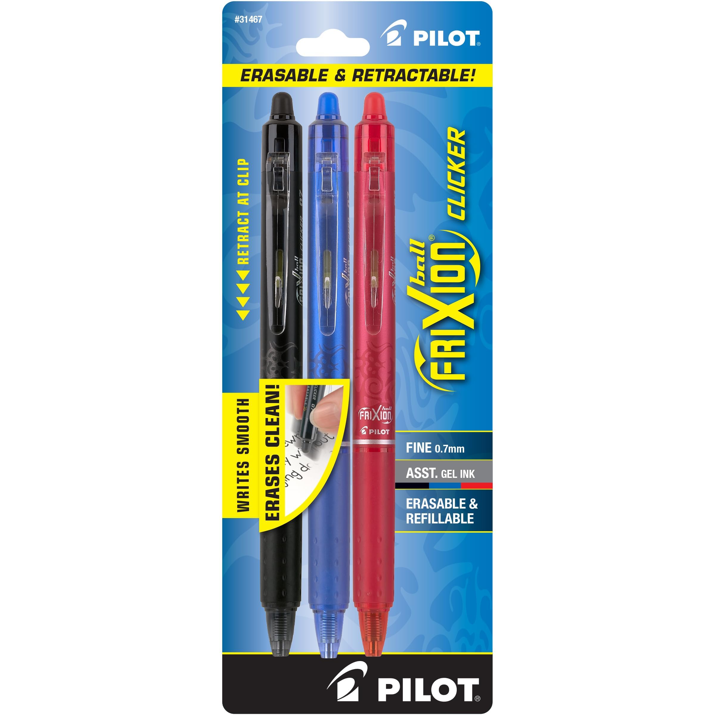PILOT FriXion Clicker Erasable, Black/Blue/Red Inks, 3-Pack