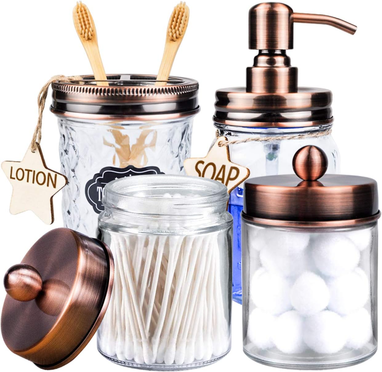 CAPMESSO Mason Jar Bathroom Accessories Set 4 Pcs - Mason Jar Soap Dispenser & 2 Apothecary Jars & Toothbrush Holder - Rustic Farmhouse Decor Bathroom Countertop, Vanity Organize (Bronze)