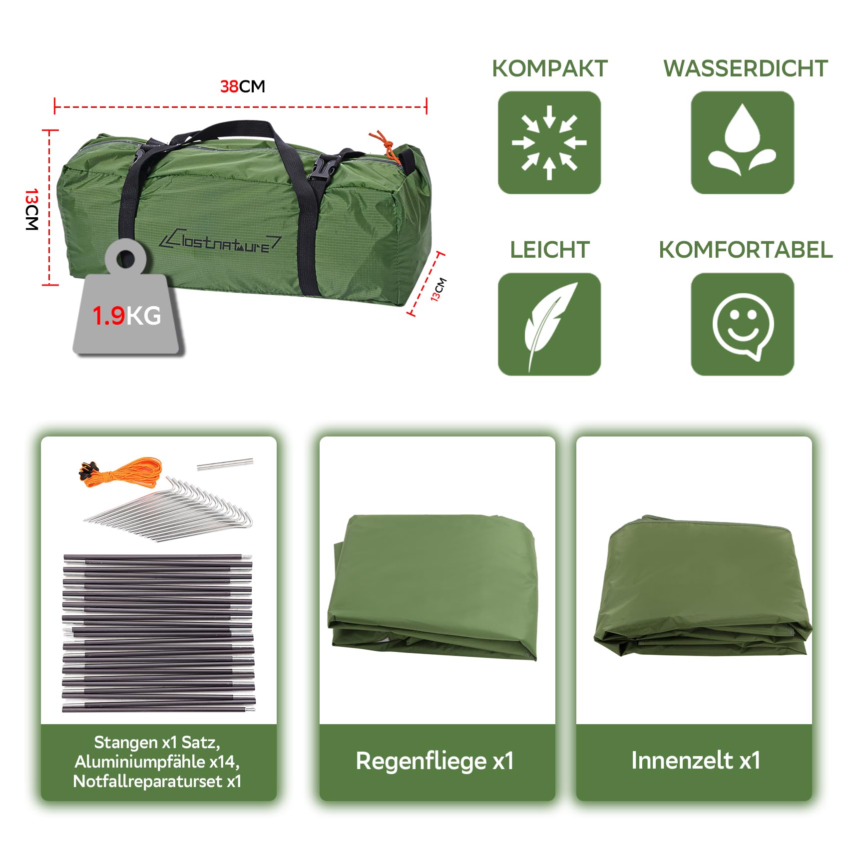 Clostnature Camping Zelt für 1/2/3/4 Personen - Wasserdichtes Campingzelt, Leicht mit Kleinem Packmaß, Winddicht, 3-4 Jahreszeiten Bikepacking Zelt, Geeignet für Trekking, Outdoor, Wandern, Kuppelzelt