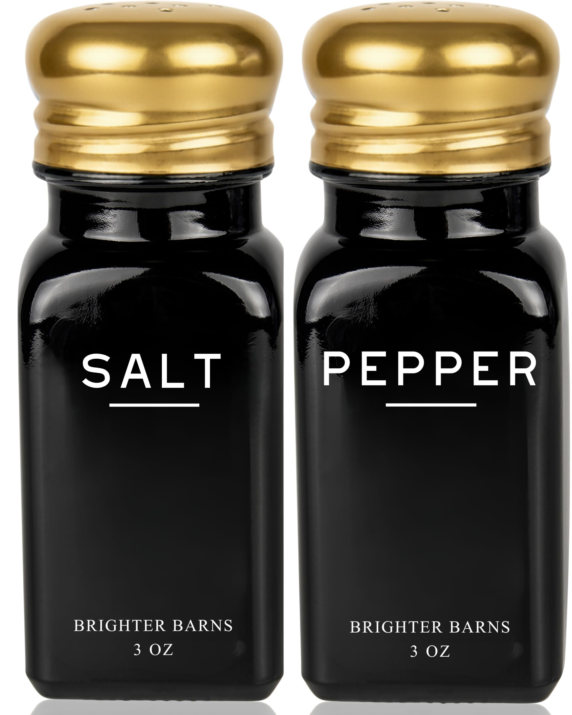 Luxury Salt and Pepper Shakers Set by Brighter Barns - Black and Gold Kitchen Decor and Accessories - Modern Salt Shaker with Stainless Steel Lids for Contemporary Home, Restaurant, Gifts (Black/Gold)