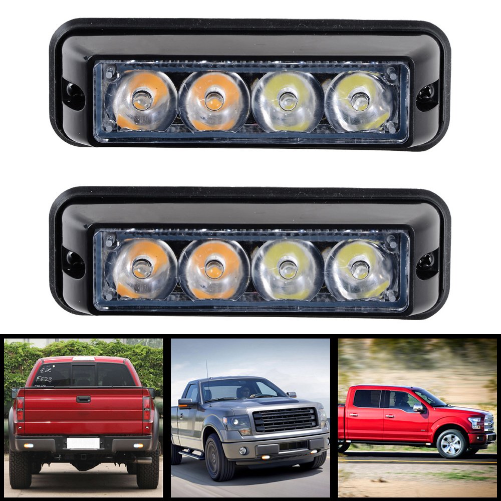 2X 12W While Amber High Power 4-LED Waterproof Car Truck Grille Emergency Warning Strobe Flash Light