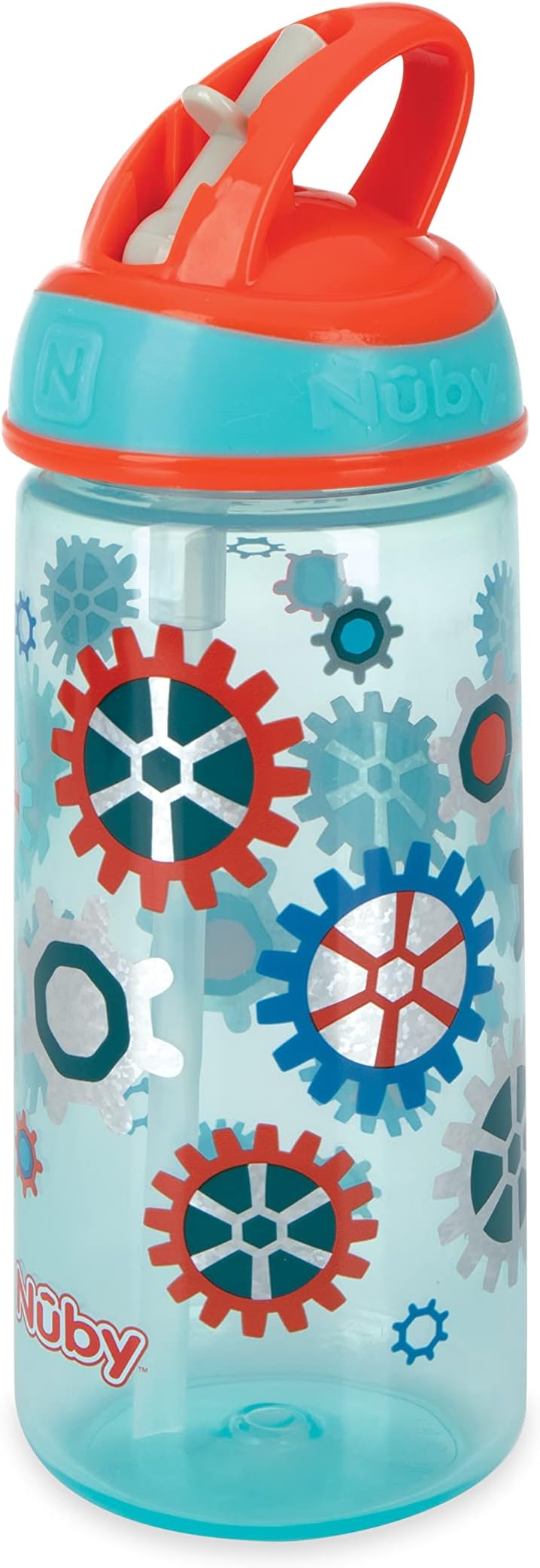 Nuby 2 Pack Iridescent PP Flip-it Kids On-The-Go Printed Water Bottle with Bite Proof Hard Straw - 18oz / 540 ml, 18+ Months, 2 pk, Robot & Friendly Monster Print