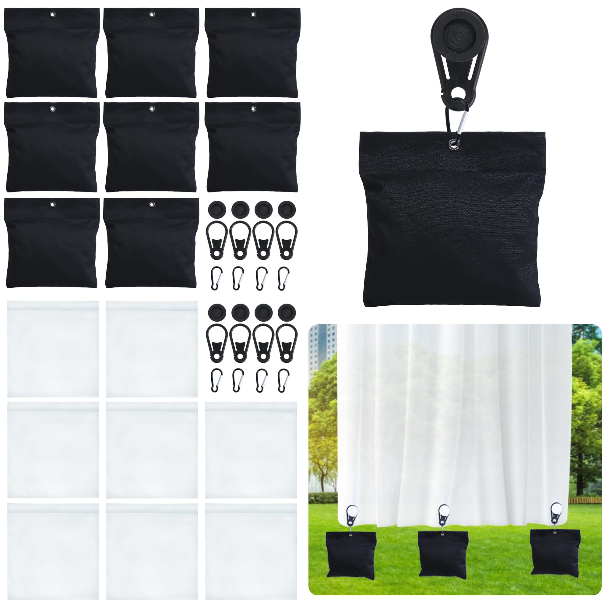 WUBOECE 8 Pack 3.8LB Outdoor Curtain Weights, 8"x8" Curtain Weights Bag Drapery Weights Bottom with Tarp Clips and Hooks for Heavy Wind Outside,