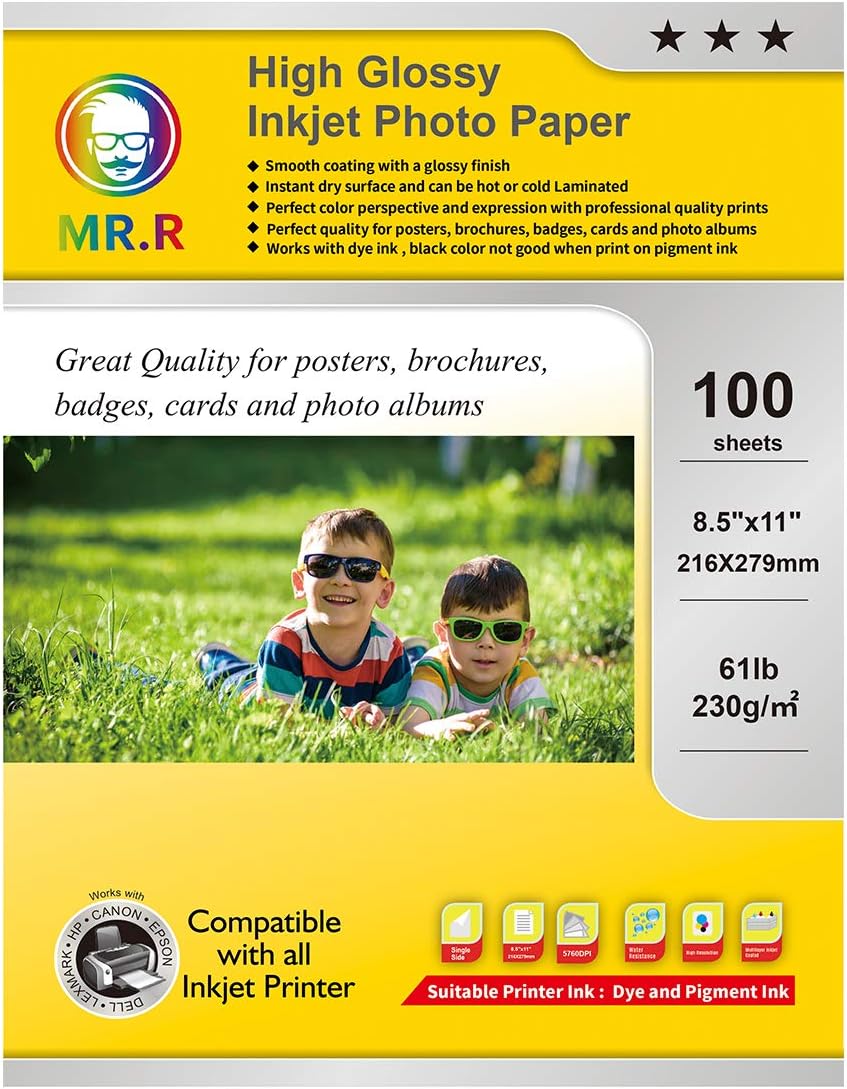 MR.R Single Side High Glossy Inkjet Photo Paper, letter size 8.5"x11",100Sheets per pack,64lb 240gsm (Pack of 2)