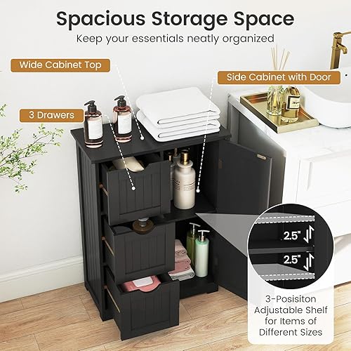 Miniatura 6 de Tangkula Armario de suelo de baño, armario de almacenamiento independiente con 3 cajones y una sola puerta, estante ajustable, almacenamiento de