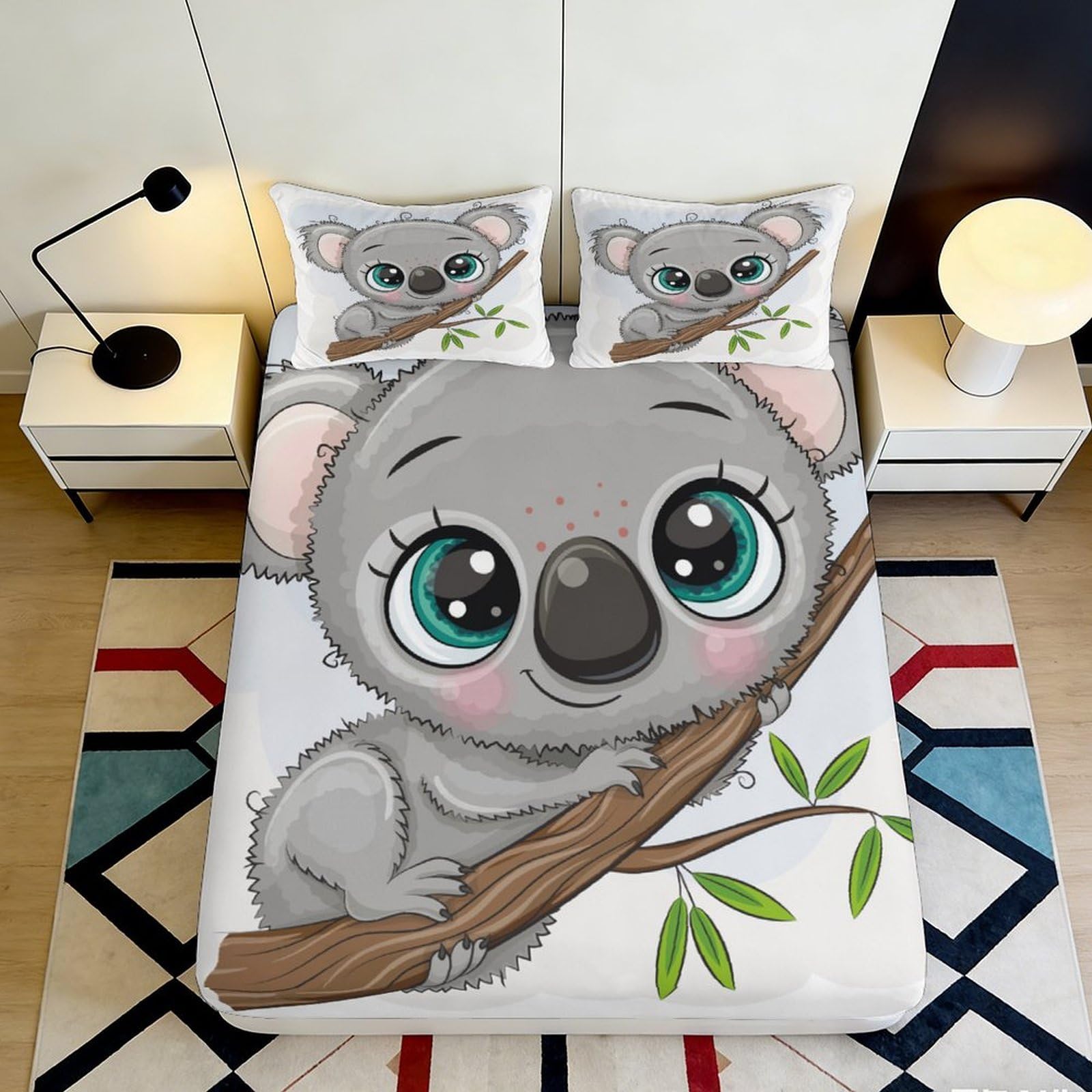 3D Printed Cartoon Koala Fitted Sheet Microfiber Elastic Hem Bedroom Bedding Koala Mattress Fitted Cover Non-Slip Washable for Adults Teens 140x200x25cm