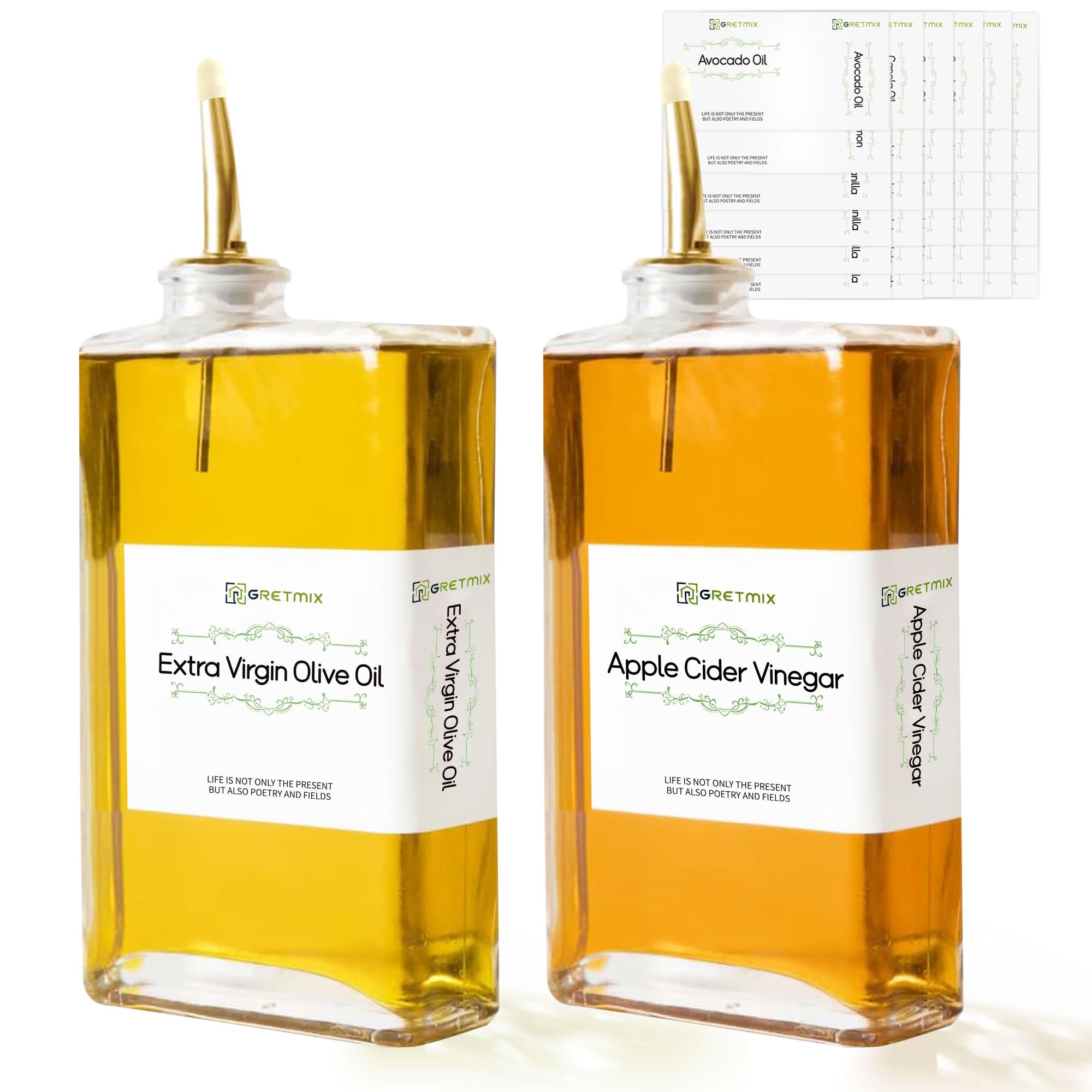 GRETMIX Olive Oil Dispenser for Kitchen, Cooking Oil Dispenser, Vinegar Set, 500ml Glass Olive Bottle, Soy Sauce, Coffee Syrup Dispenser - Set of 2, Gold