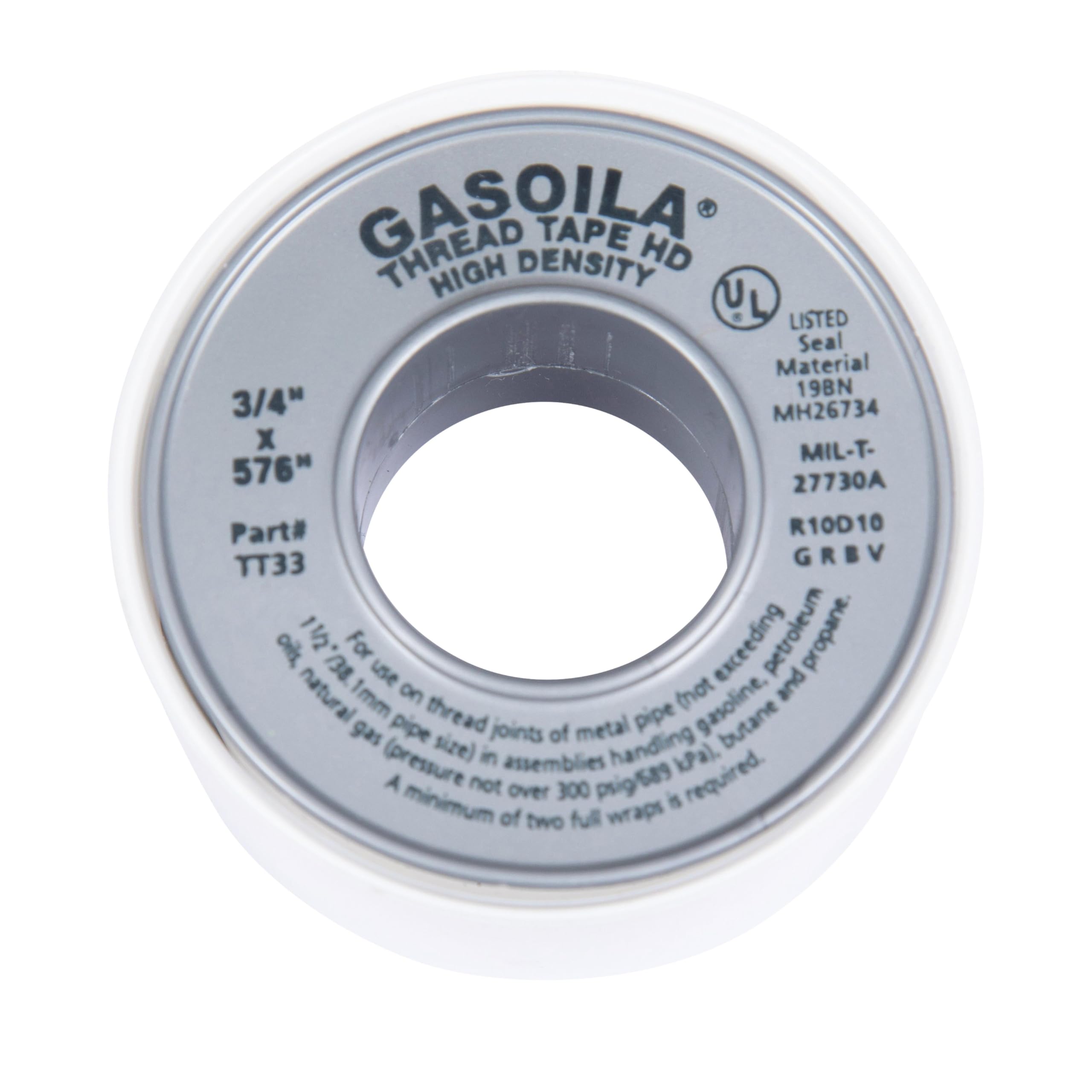 Gasoila White PTFE High Density Thred Tape Roll, -400 to 500 Degree F Performance Temperature, 3.9 mil Thick, 576" Length, 3/4" Width