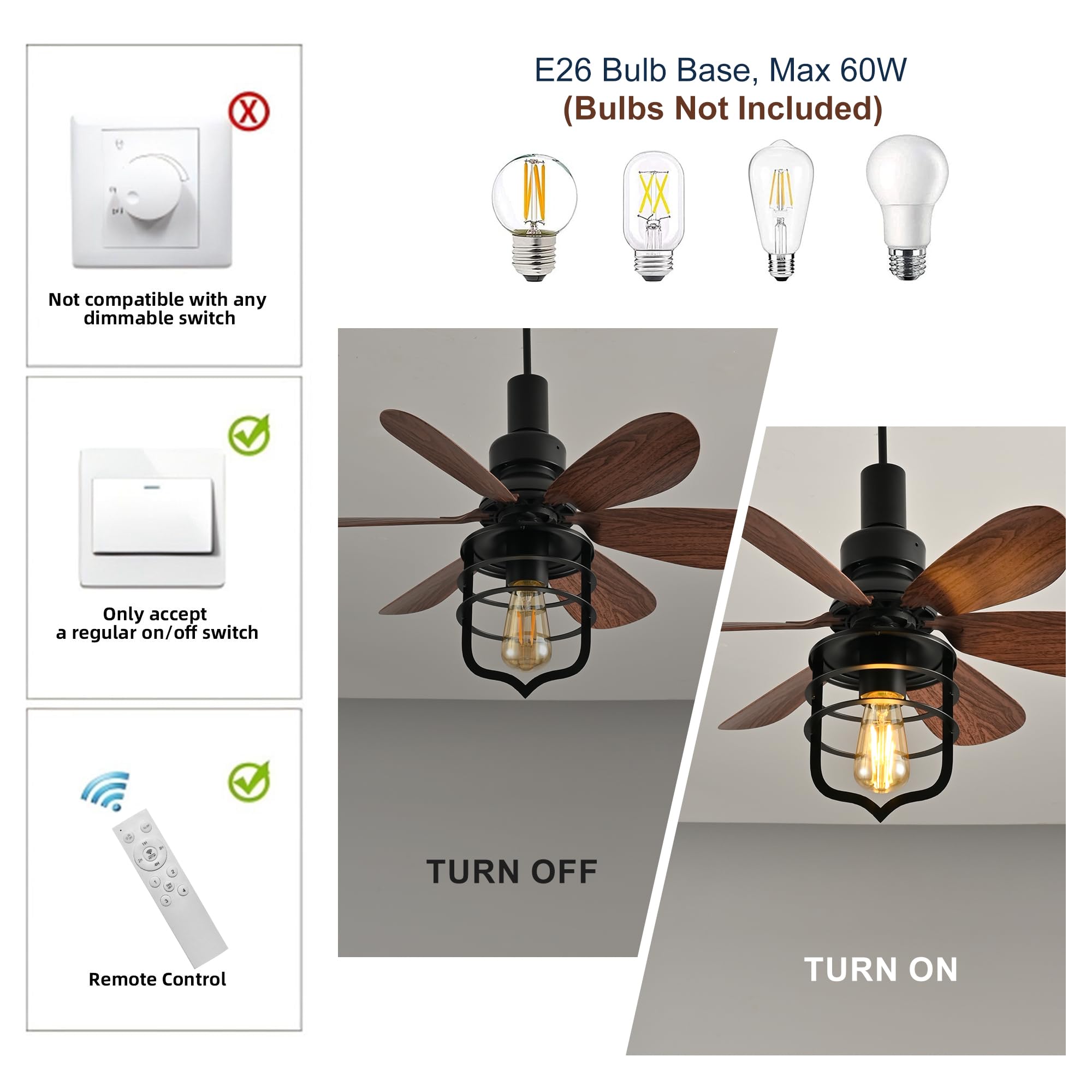 Ganeed Klein Schraube-in Deckenventilator mit Licht und Fernbedienung Decke Lampe mit Ventilator Industrie-Stil Licht Ventilator E27 Fassung für Klein Schlafzimmer Waschküche Lager Garage Schwarz