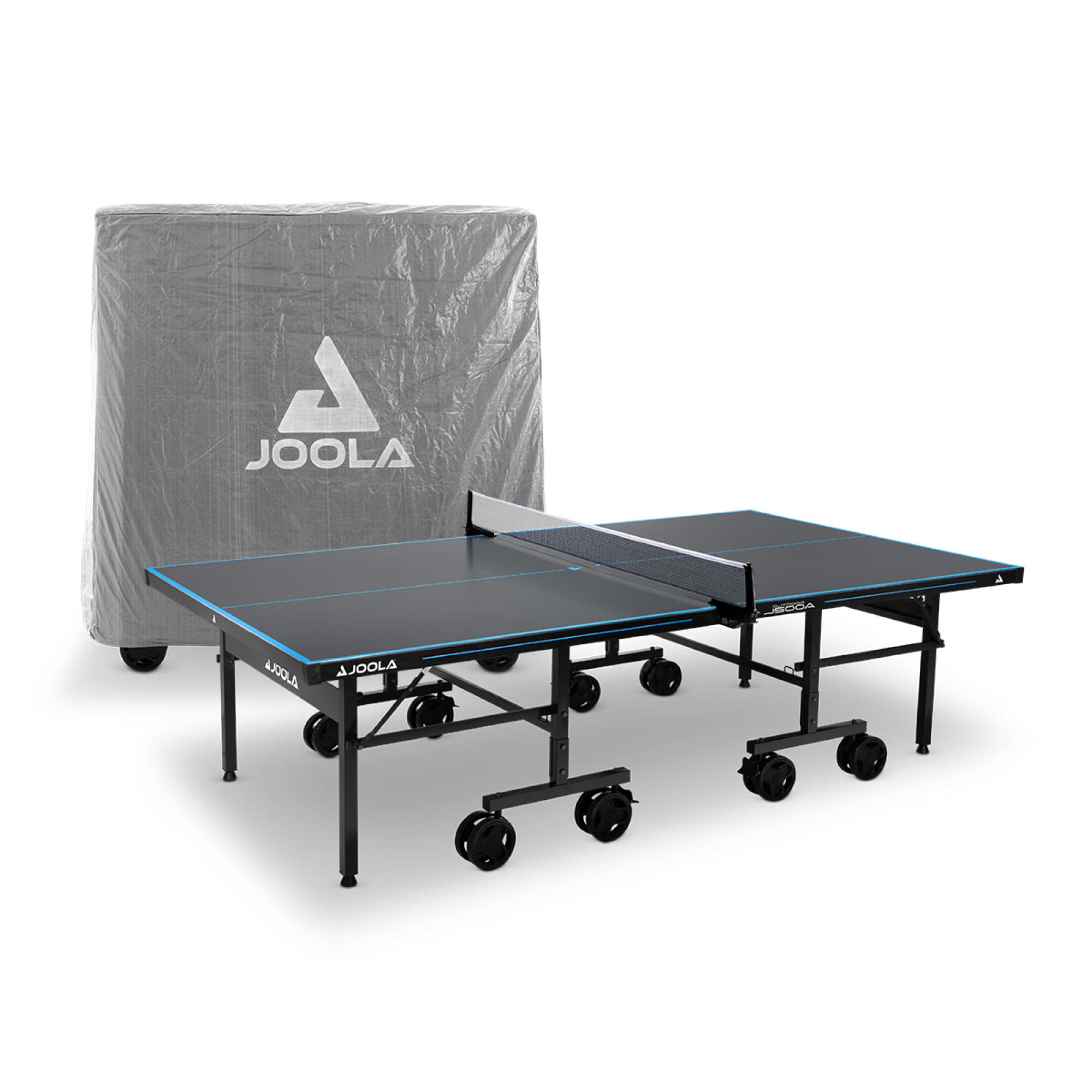 JOOLA Mesa de Ping Pong de Aluminio para Exteriores, Resistente a la Intemperie, con Cubierta de Mesa, Estructura Plegable, Montaje rápido, Incluye Red Gris/Azul, 274 x 152,5 x 76 cm