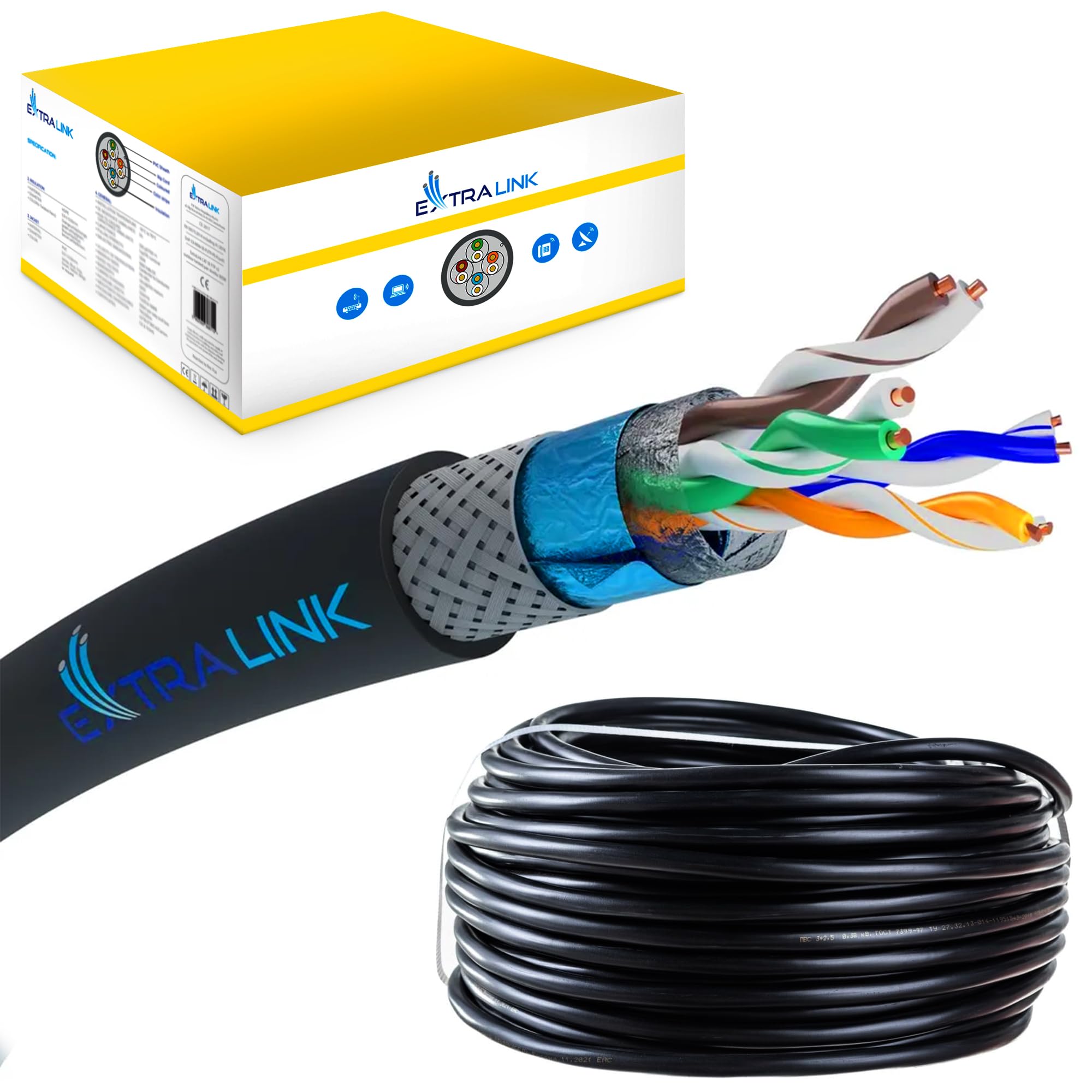 EXTRALINK Câble Ethernet CAT5e 305M pour Extérieur, Câble Réseau LAN – 100% Cuivre, blindé SF/UTP, compatible PoE, résistant aux UV, avec gaine extérieure en PE durable et résistante aux intempéries