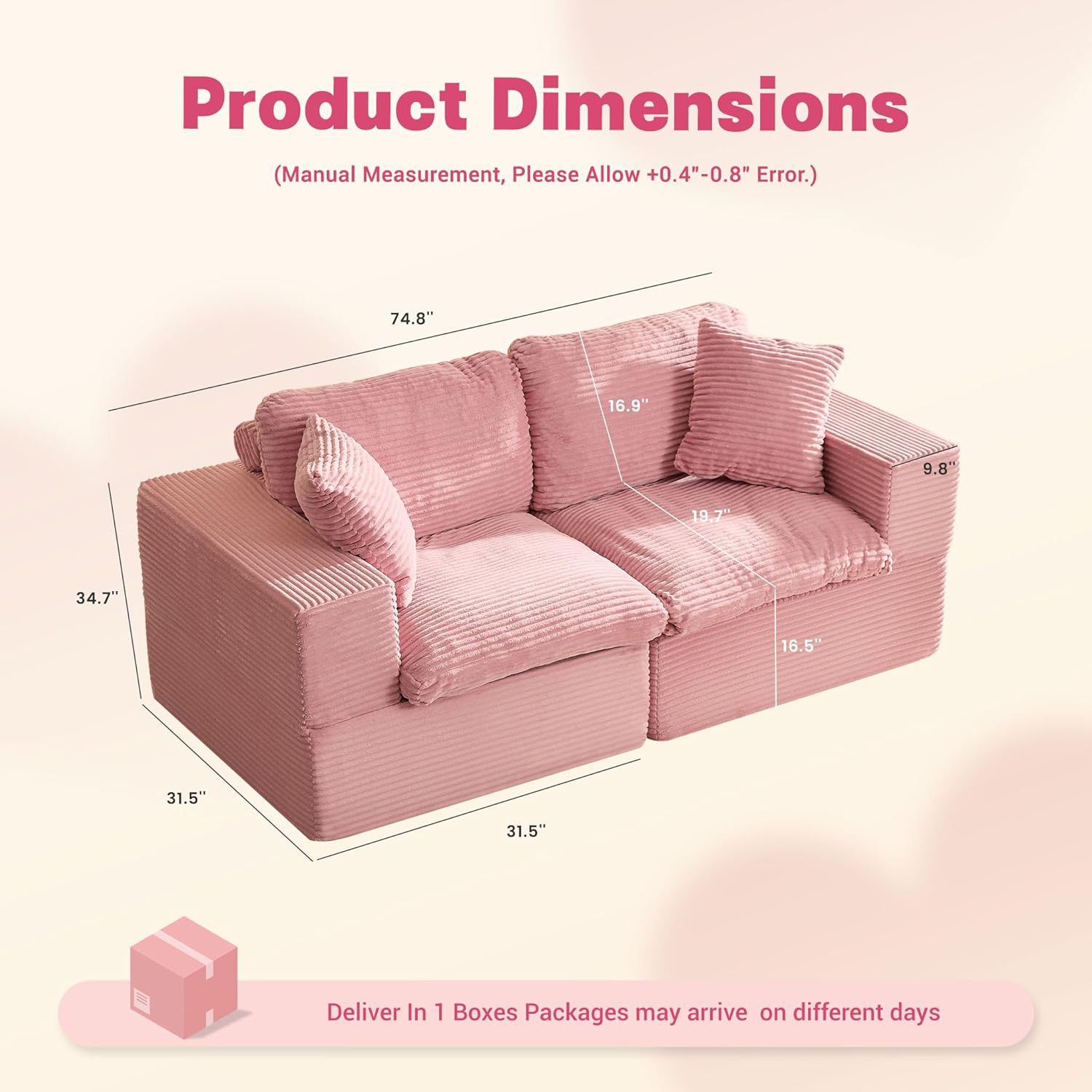 Afuson 74.8” Set of Cloud Couch, Modular Loveseat Sofa, Convertible Sofas Bed, Deep Seat Sofa, Cozy Sofa for Living Room, Office and Bedroom, Corduroy, Pink