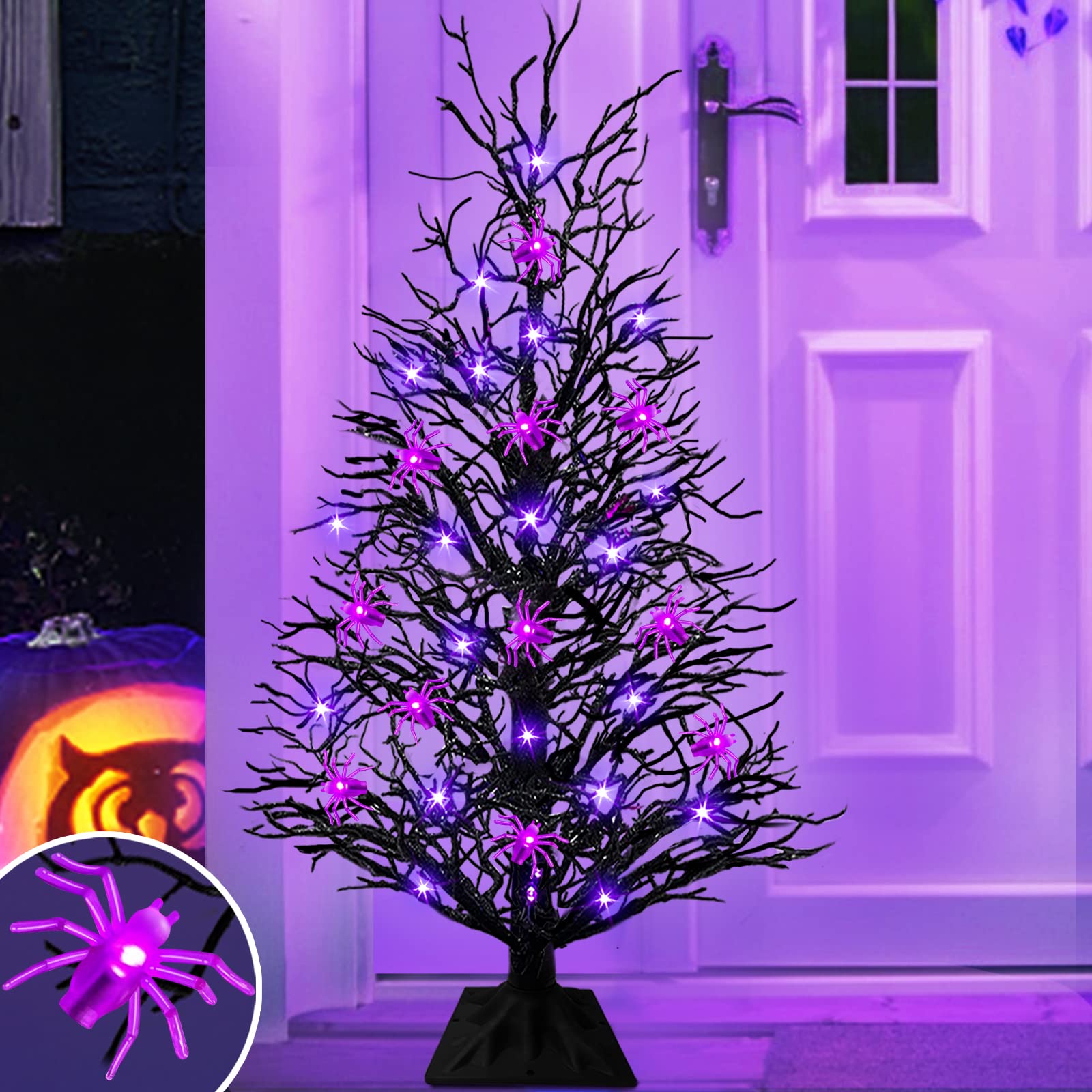 [Timer] 3 Ft Lighted Black Halloween Tree Spooky Tree Decoration with 48LED Purple Lights Bendable Branchy Artificial Black Tree Battery Operated Halloween Decor Porch Side Indoor outdoor Home Holiday