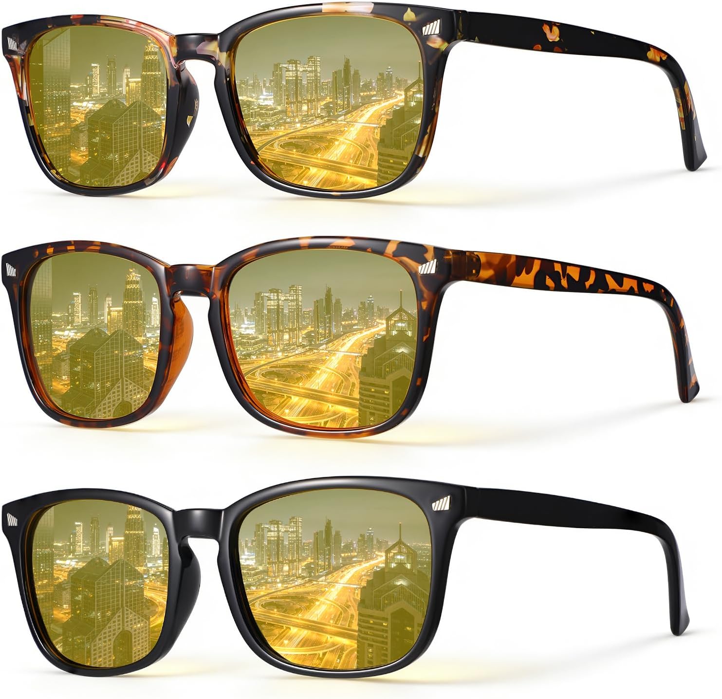JATEBI 3 Pcs Driving Glasses Women for Night Vision Square Anti Glare Glasses UV400 Protection Yellow Polarized Eyewear