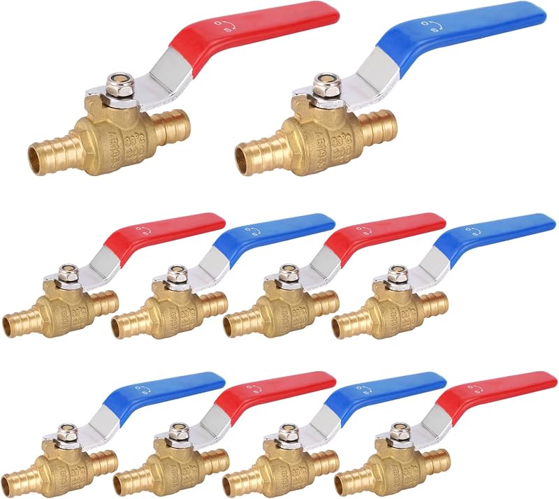 10PC HeSun 1/2 Inch Brass Crimp PEX Ball Valve, 1/4 Turn Shut-off Valve | Full Port PEX Valve for Hot and Cold Water, ASTM F1807, Blue & Red(VALVE003-10)
