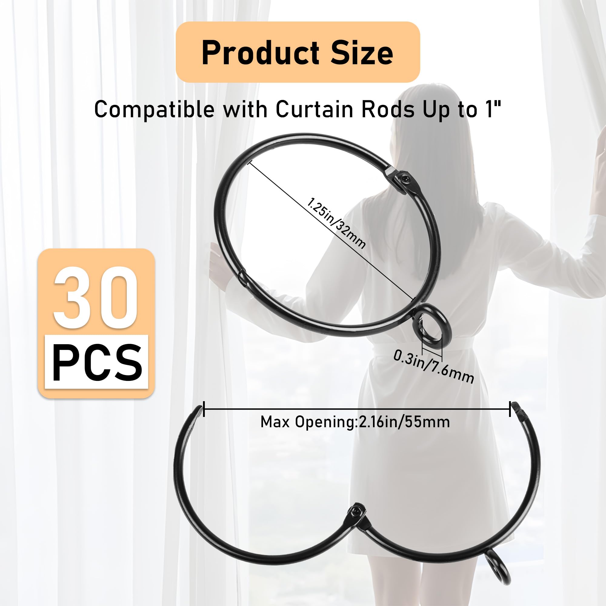 30-Pack Curtain Rings with Eyelets, 1.25-Inch Drapery Rings, Hinge Snap-Joint Design, Compatible with Curtain Rods Up to 1 Inches (Black)