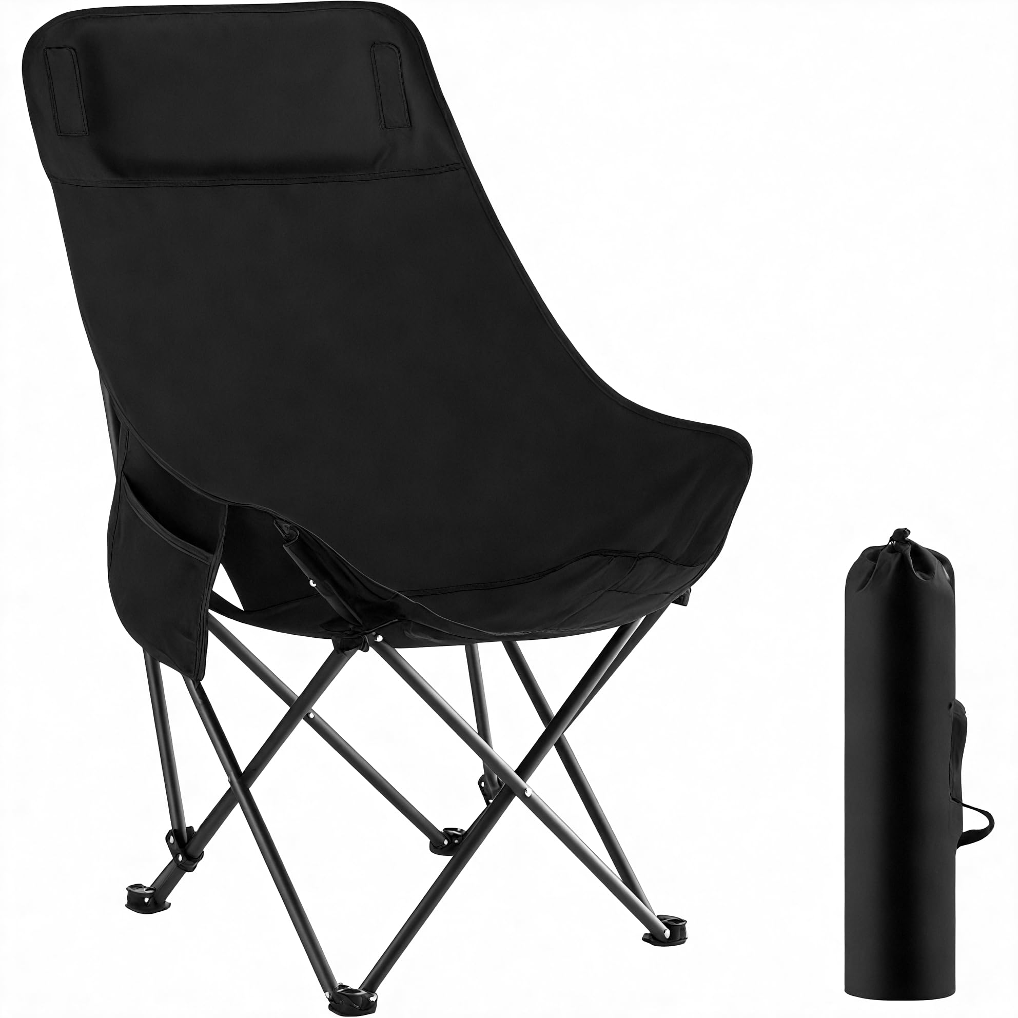WY8 Folding Camping Chair Lightweight and Portable with Storage Bag, Heavy-Duty Steel Frame, Breathable Oxford Fabric, Ergonomic High Back Support, Compact for Hiking, Lawn, Picnic, Fishing (Black)