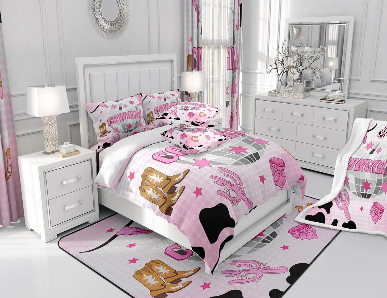 Castle Fairy Western Cowgirl Bedding Set,Cowboy Party Comforter Cover Set for Teens Women Room Decor,Bull Skull Boot Hat Duvet Cover Breathable Pink White Bedspread Cover Full Size(No Comforter)