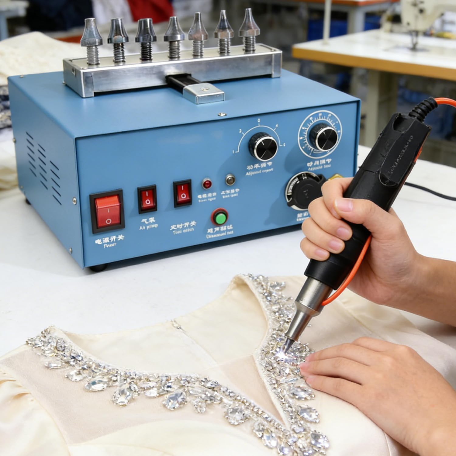 HTDRE Rhinestone Setting Machine Hot Fix Wand Tool Kit with 500W Press, 1.8-8mm Tips, Glue-Free for Crafting, Custom Clothing & Accessory Design