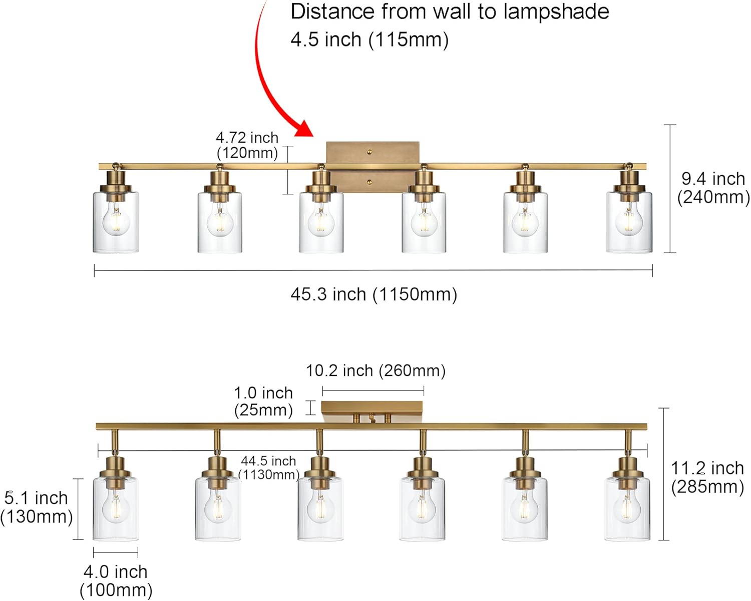 MELUCEE 6 Light Bathroom Vanity Light Fixtures Multi-Directional Rotating Track Lighting Kit Brass, Ceiling Spotlight Fixture for Kitchen Foyer Bath, Clear Glass Shade