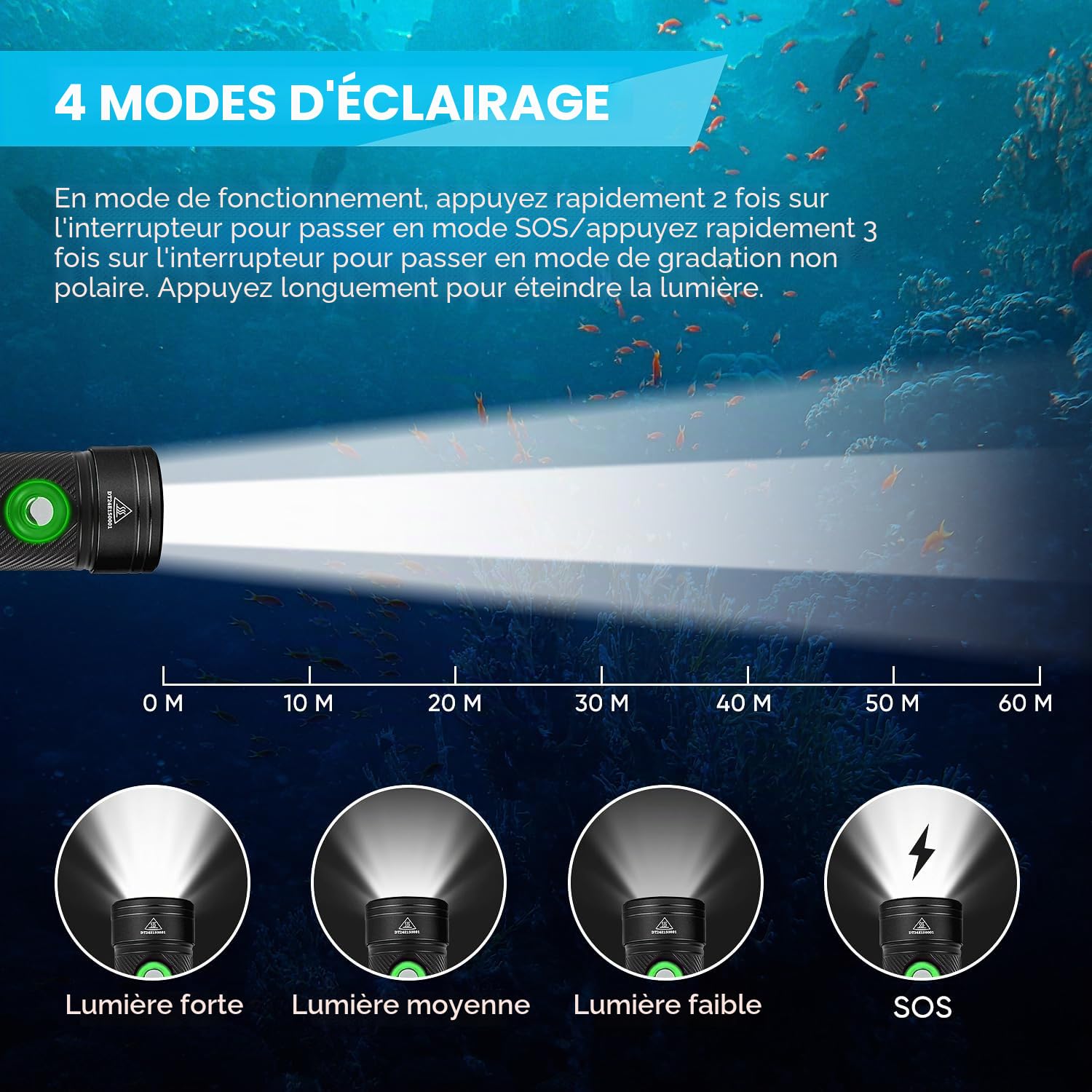 WINDFIRE Lampe de plongée, 5000 Lumens Torche de Plongée, Lampe Plongee sous-Marine Rechargeable, Étanche IPX8, 4 modes, Lampe de Poche avec Indicateur de Puissance pour la plongée de nuit