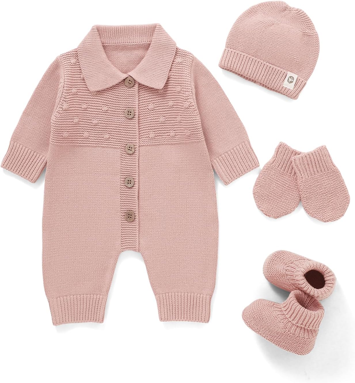 Cotton Baby Sweater Knit Romper Newborn Infant Outfit Hat Mittens Booties | 4 Psc Soft Breathable Coming Home Baby Gift LongSleeve Cute Cloth for Boys Girls