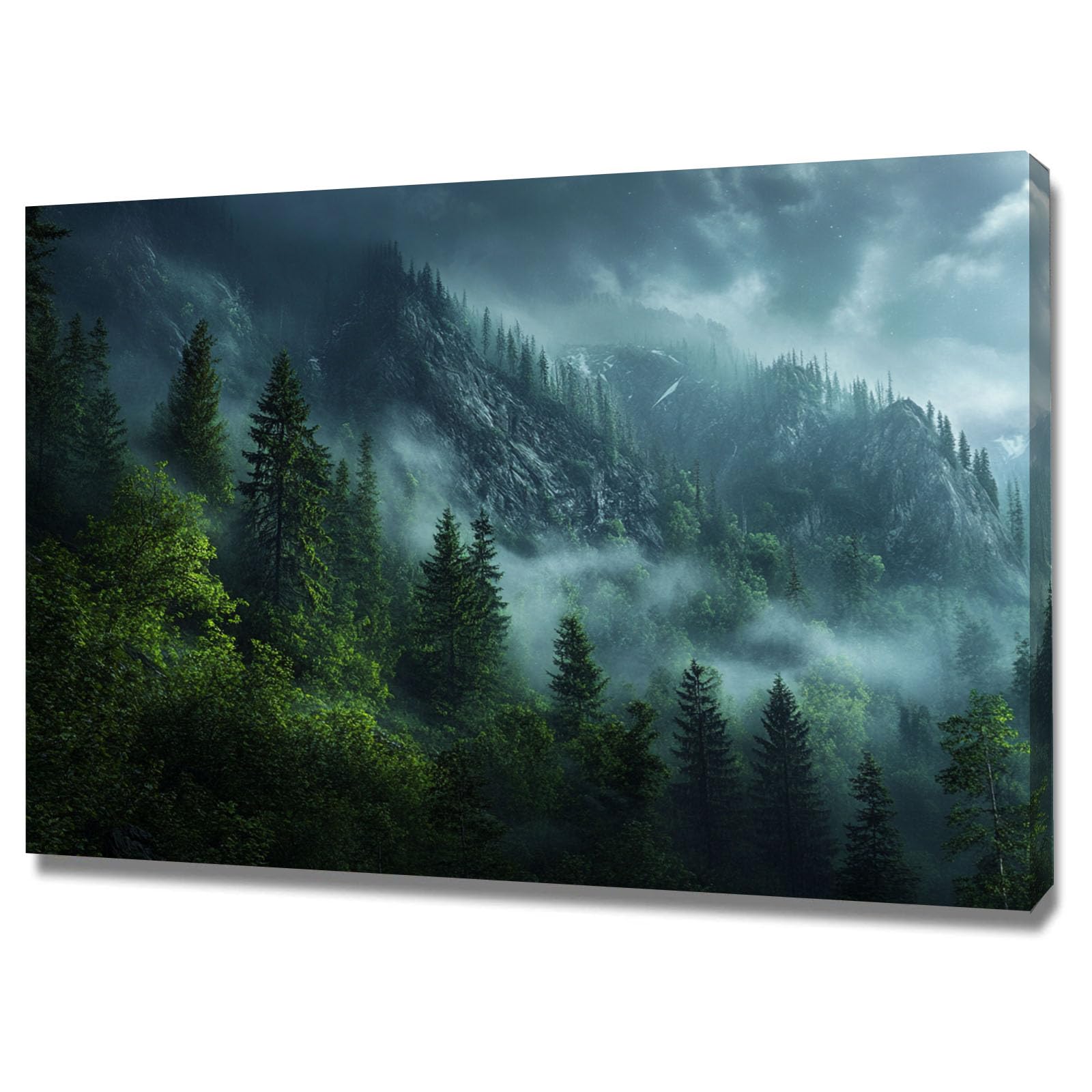 CUDAOO Sztuka naturalna do dekoracji na płótnie ściennym, mgiełka wokół gór i lasów Dekoracja ścienna do sypialni Salon - 60 x 90 cm w ramie (atrament zielony)