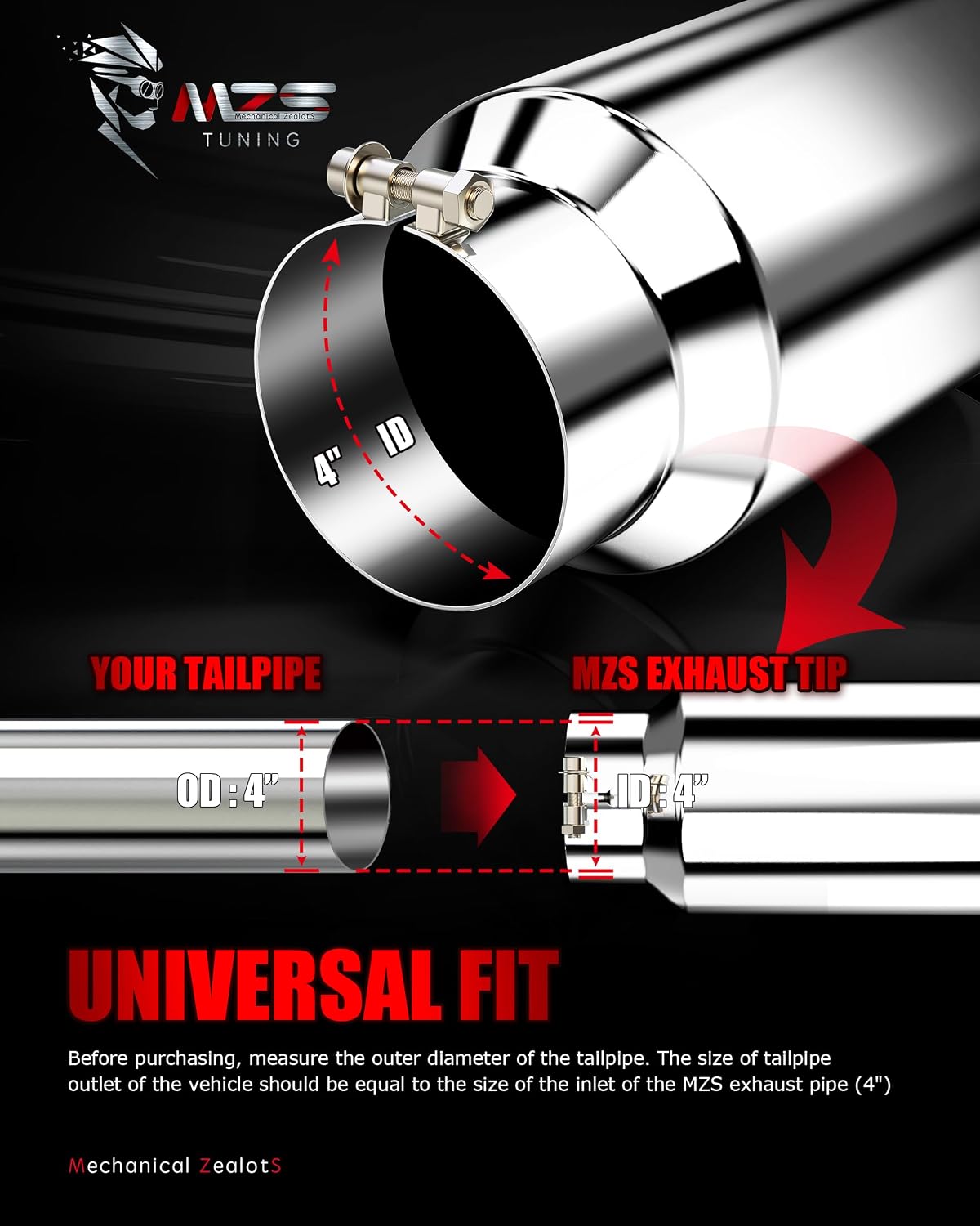 MZS Exhaust Tips, Stainless Steel 4" Inlet 6" Outlet 15" Length Diesel Exhaust Tailpipe Universal Slant Angle Cut