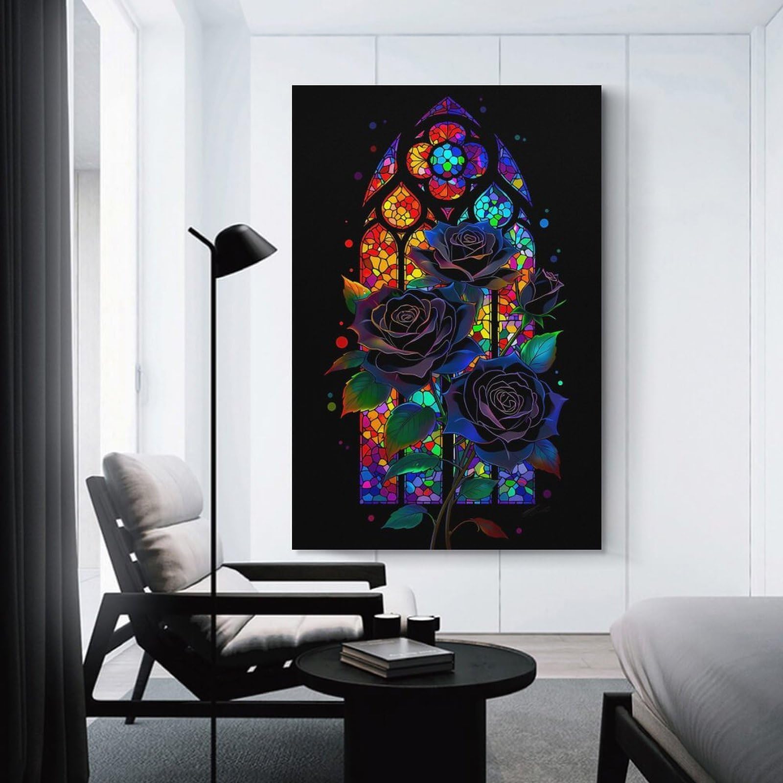 Junmoney Unframe-Style-3 Canvas Art Print Gothic Stained Glass Roses, 20X30inch(50X75cm), For Contemporary Homes, Apartments Or Offices, Decorative Canvas Decor For Home Updates