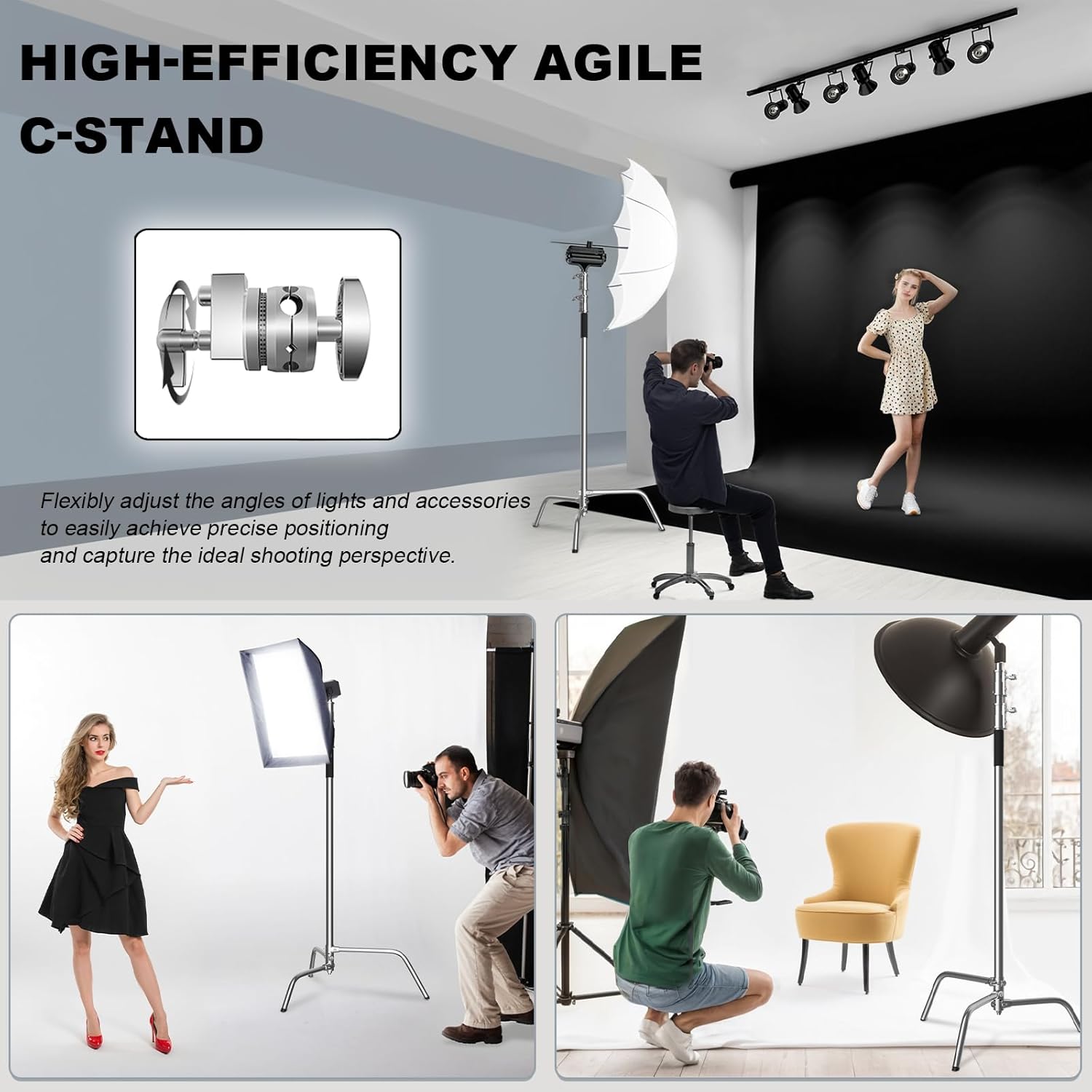 C Stand with Boom Arm, Photography Light Stand Kit - Heavy Duty C-Stand with 10.8ft/330cm Stainless Steel Pole, 4.2ft/128cm Boom Arm, Grip Heads, Sandbag for Studio Lighting, Silver