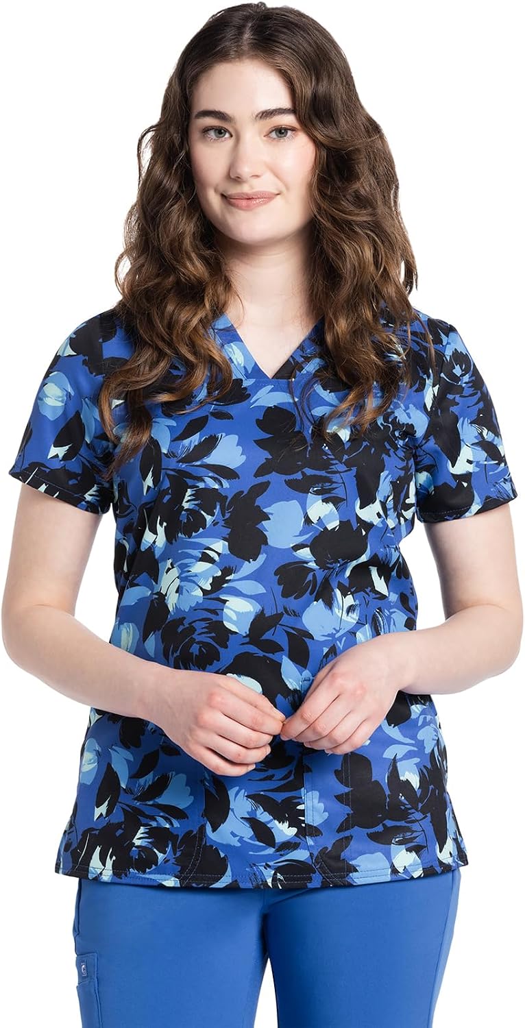 Cherokee Women Scrub Tops V-Neck Print Top with 2 Pockets, Back Yoke Seam and Side Vents - CK671