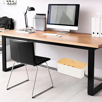 Cable Management Box, Larger Cable Tidy Box Cord Organizer Boxes with Bamboo Lid Cables Organised Boxes Includes Cables Ties Reusable Straps for Hiding Messy Wire Management