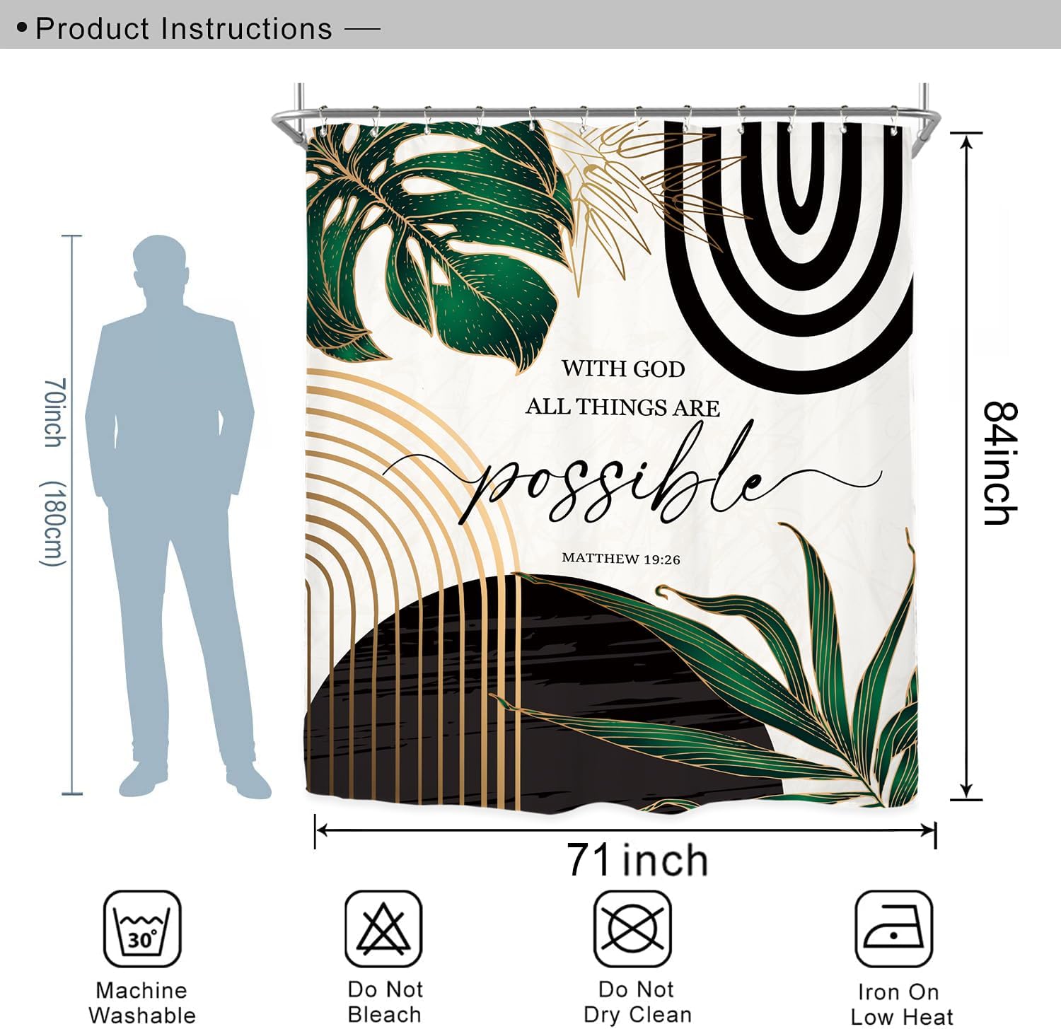 Miyotaa Abstract Emerald Green Shower Curtain Set 71Wx84H Inches Bible Christian Extro Long Motivational Minimalist Modern Tropical Leaves Aesthetic Contemporary Bathroom Curtain with Hooks